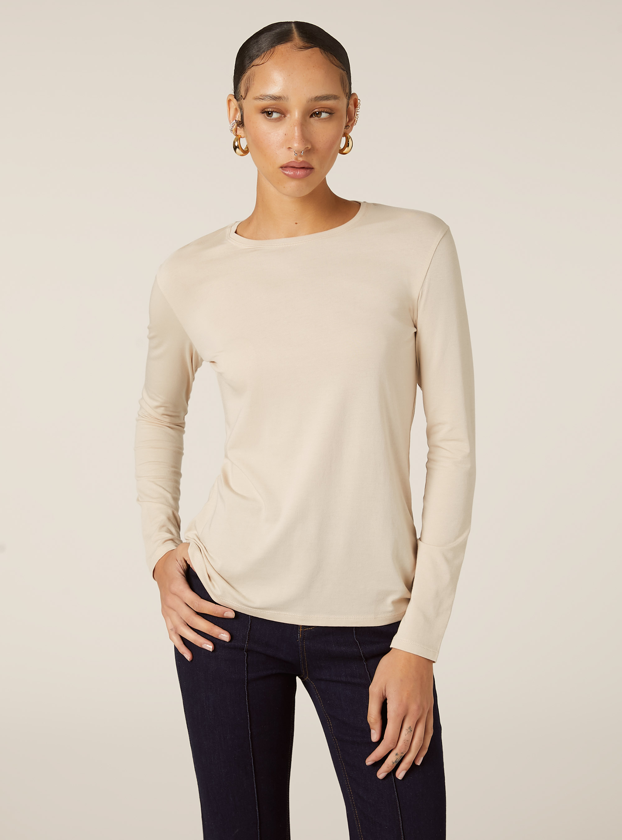 T-shirt basique &agrave; manches longues, BG3 BEIGE LIGHT