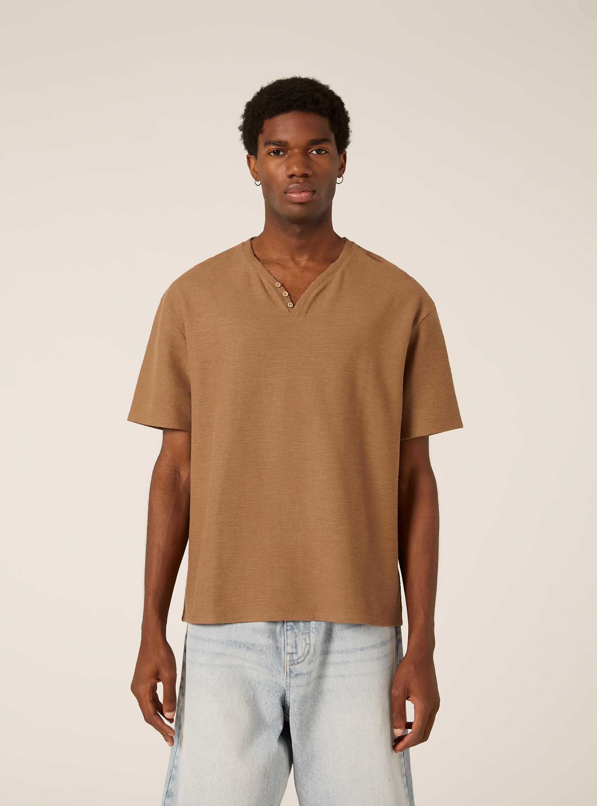Henley-Shirt aus Waffelstruktur-Gewebe, BR2 BROWN MEDIUM