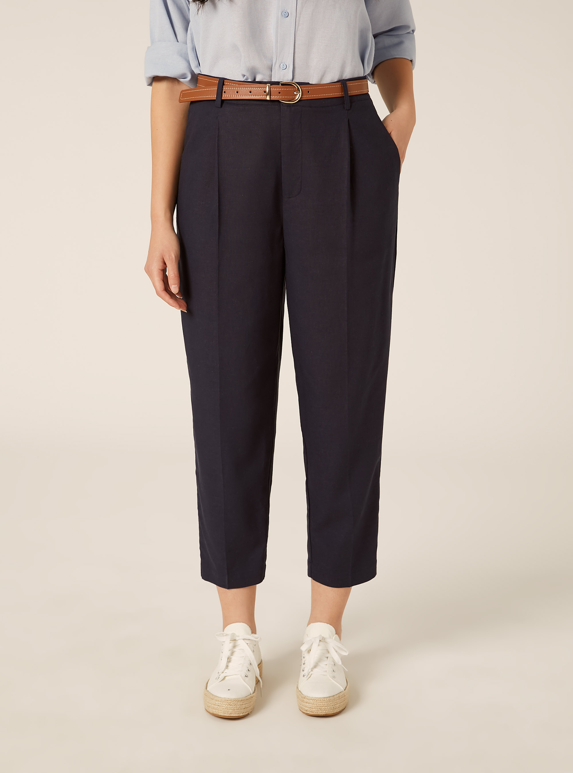 Pantalones Chino en mezcla de Lino con cintur&oacute;n, NA2 NAVY MEDIUM
