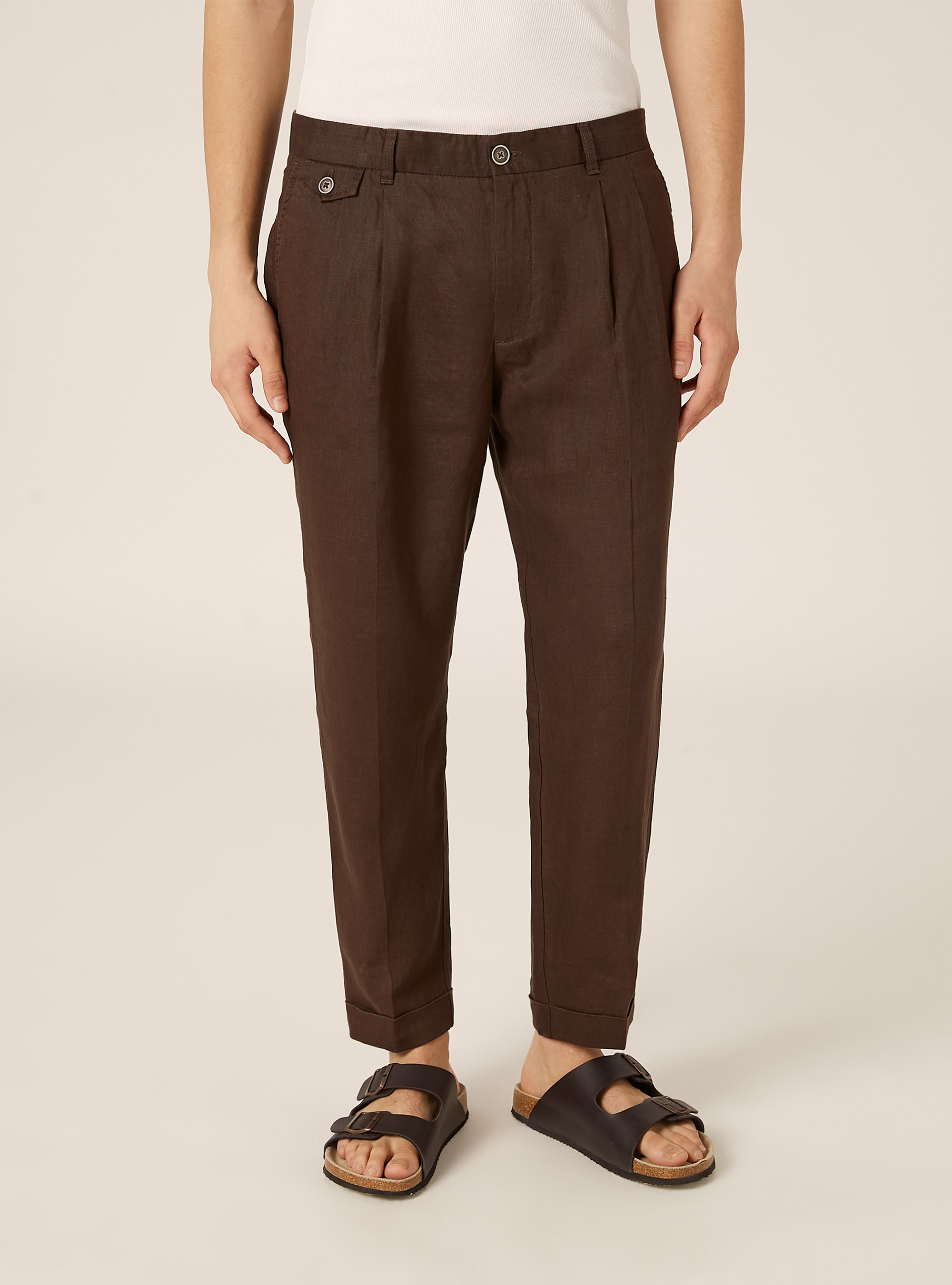 Pure linen chino trousers, BR1 BROWN DARK