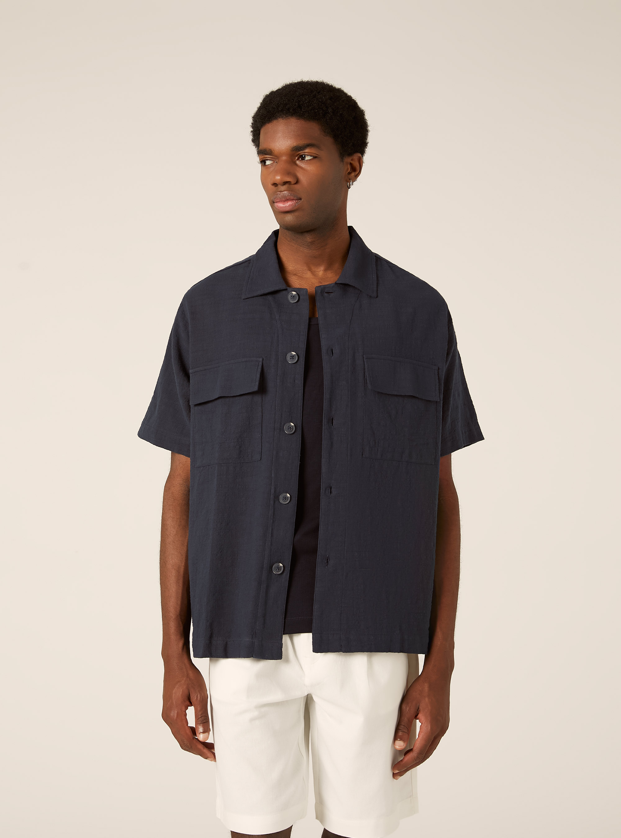 Camicia in cotone a maniche corte, NAVY MEDIO