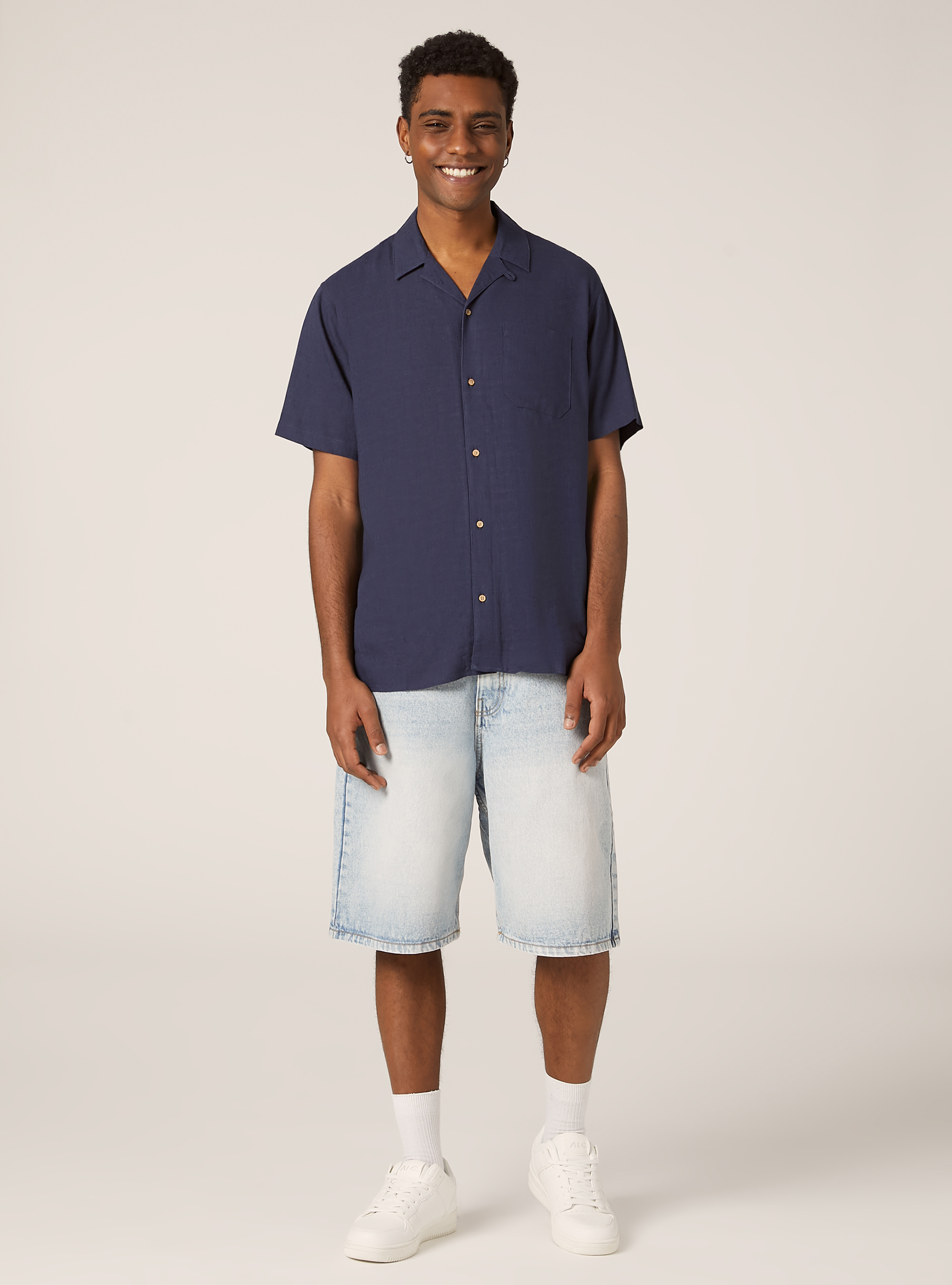 Chemise en lin m&eacute;lang&eacute; avec col bowling, BL2 BLUE MEDIUM