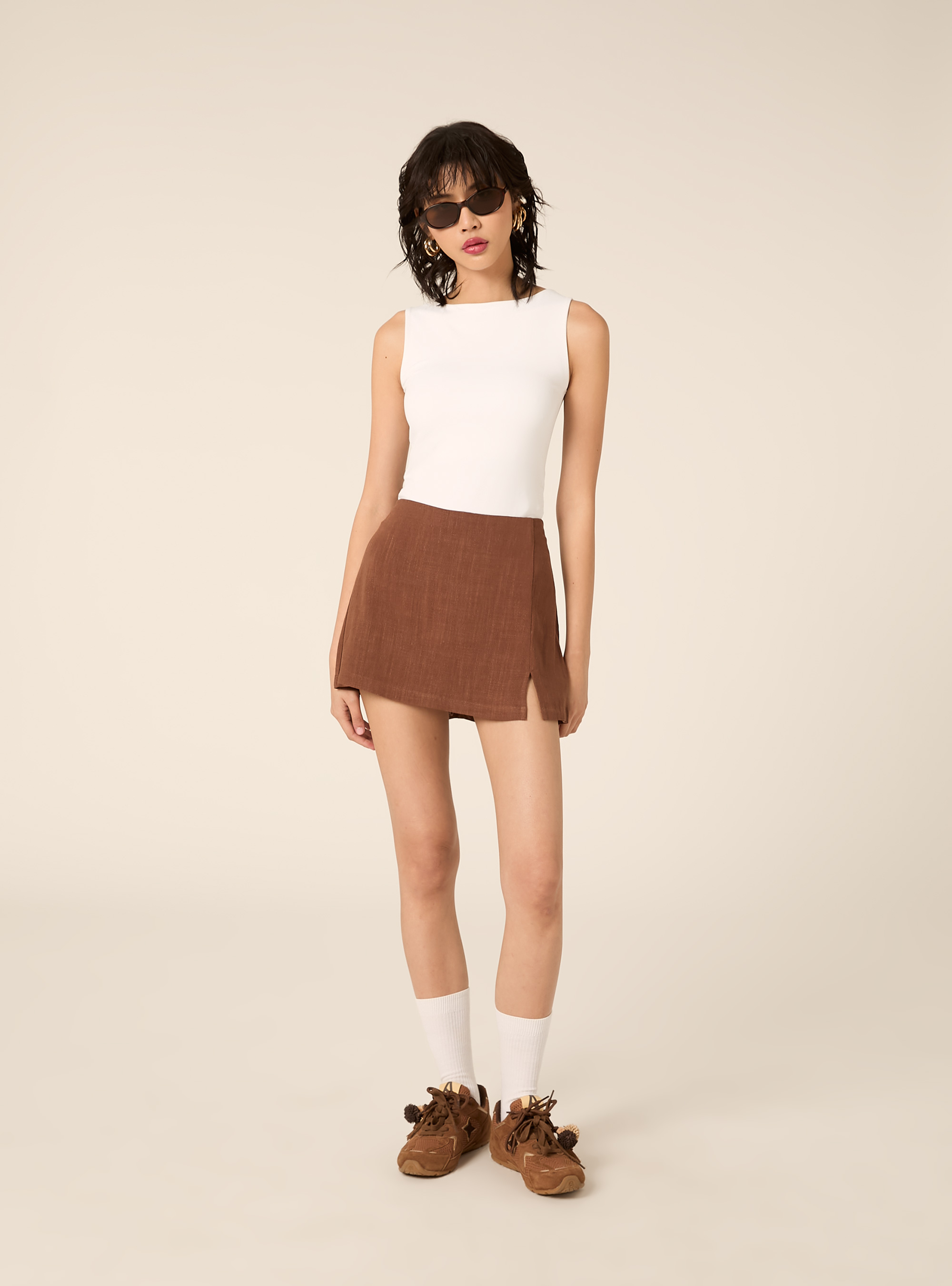 Linen-blend skort, BR3 BROWN LIGHT