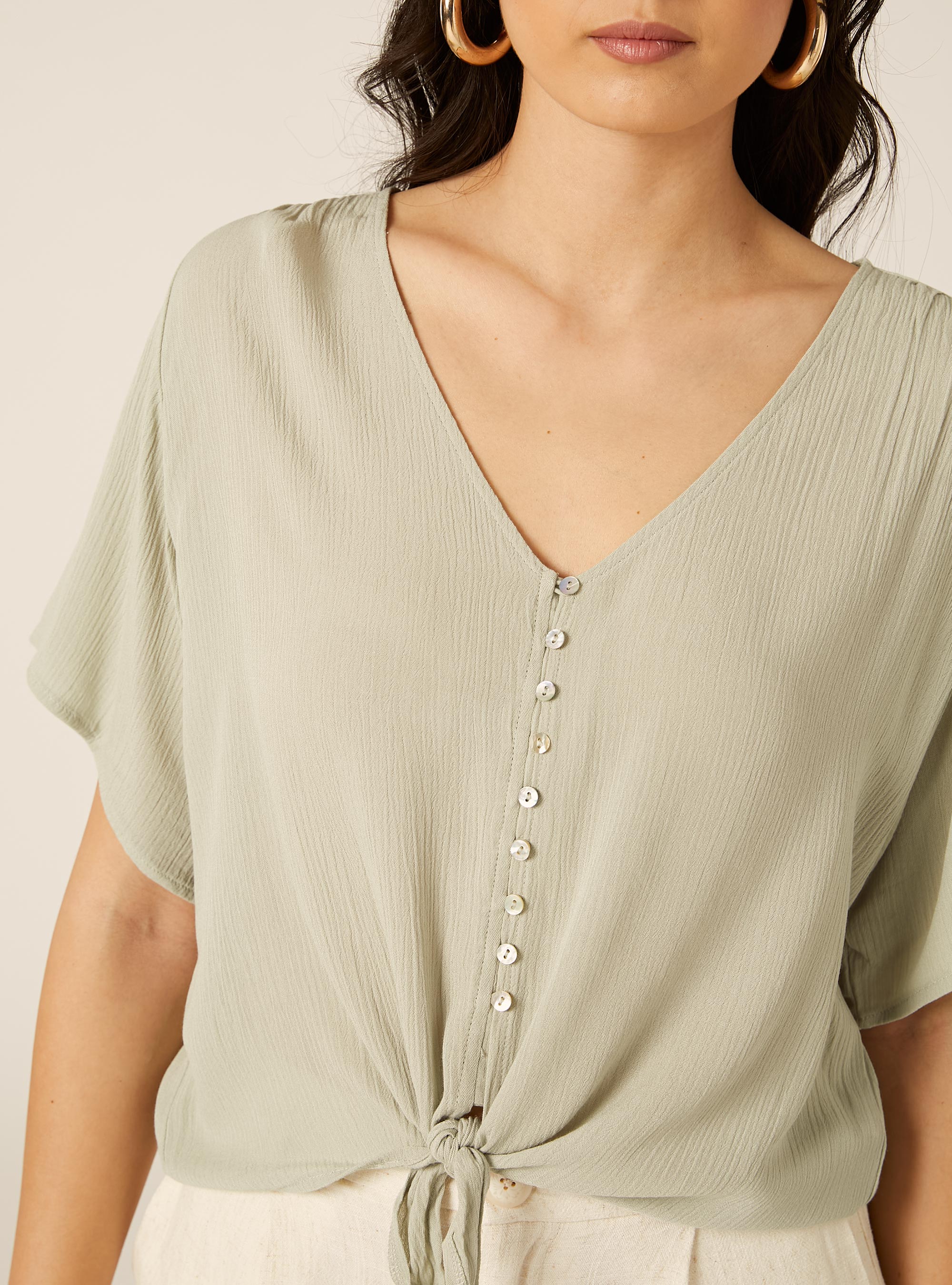 Camisa de cuello en V lisa con nudo en la cintura, KY3 KAKY LIGHT