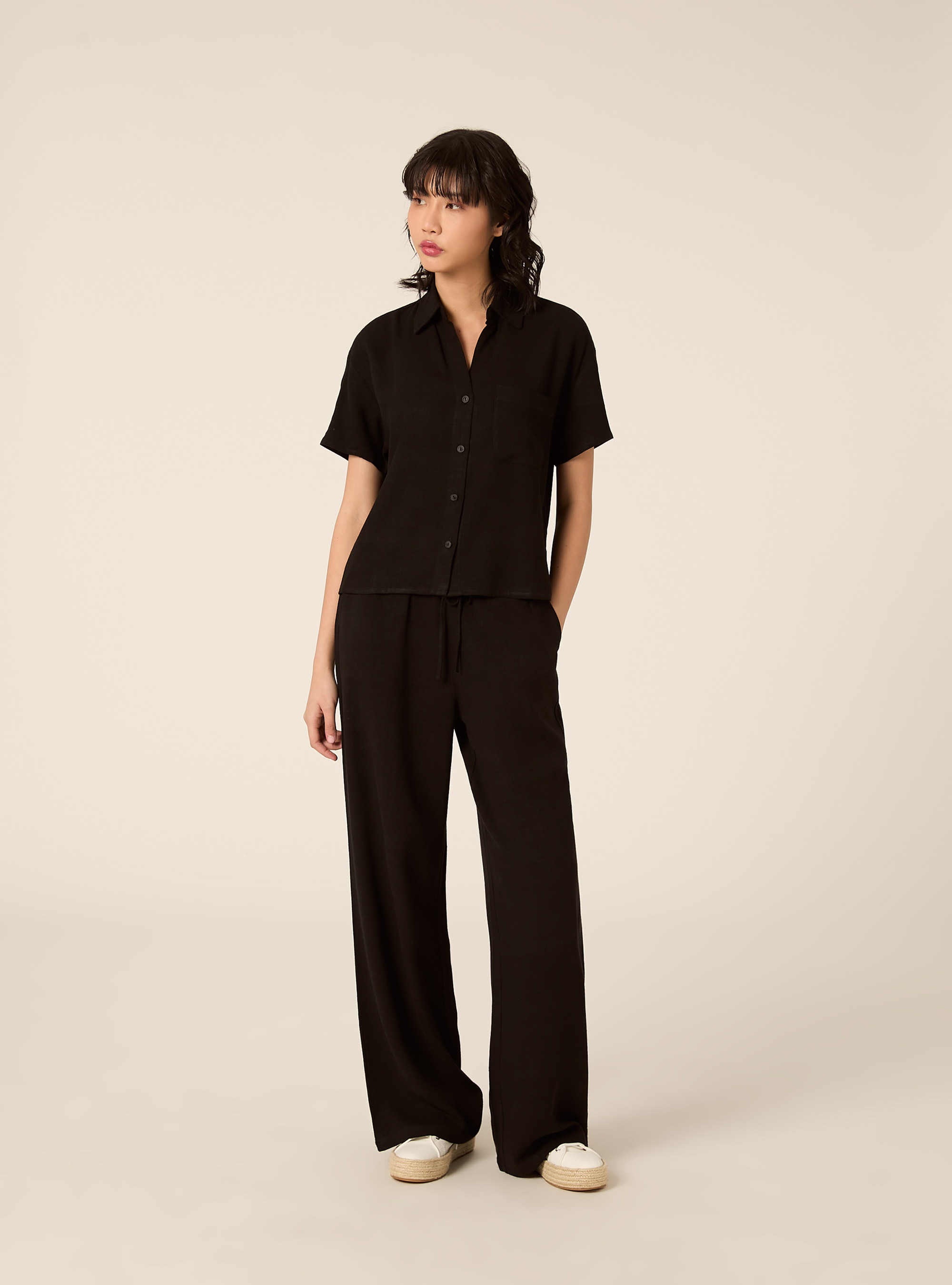 Cropped-Hemd aus Leinenmischung, BK1 BLACK