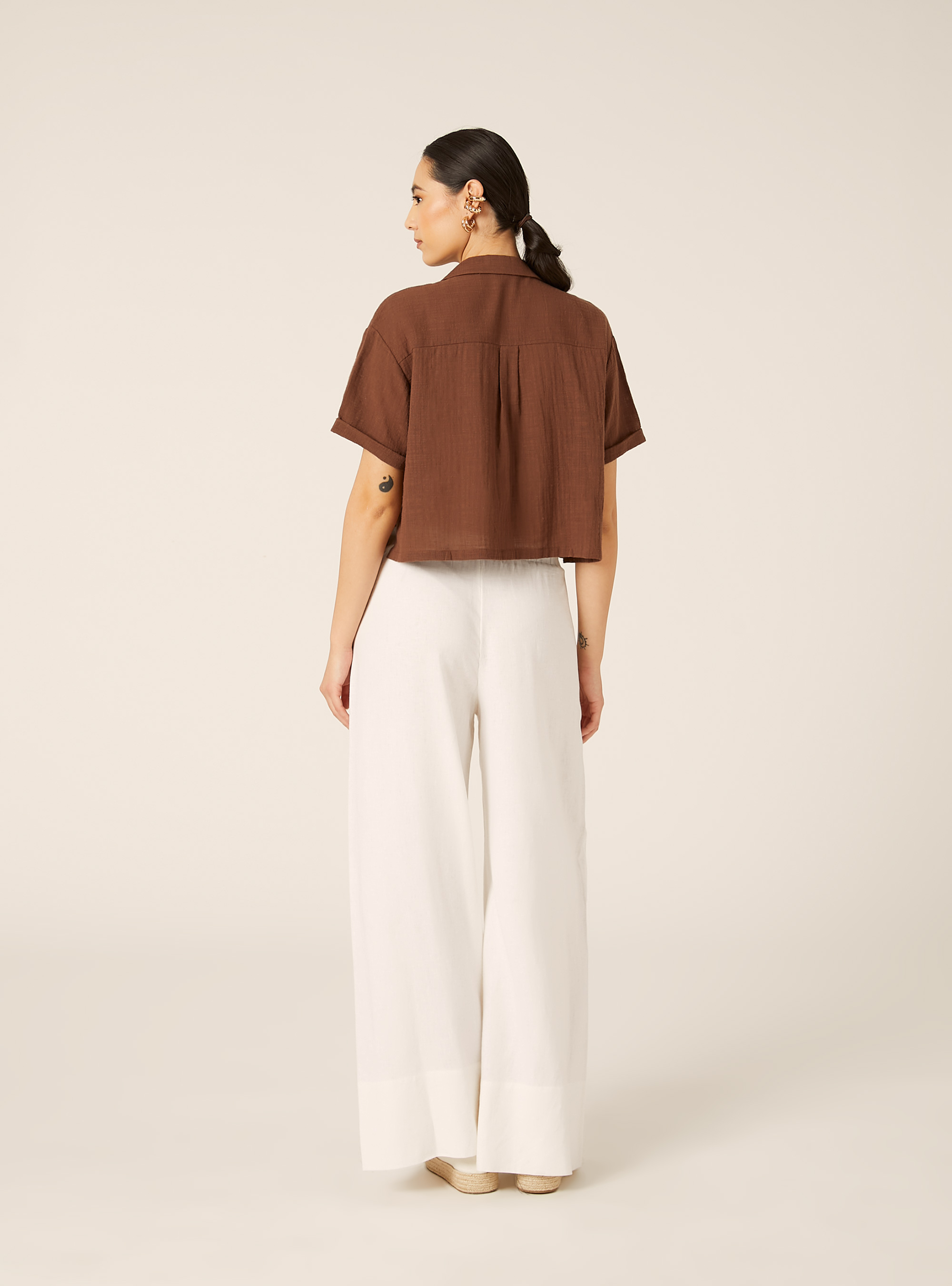 Camicia maniche corte crop, MARRONE MEDIO