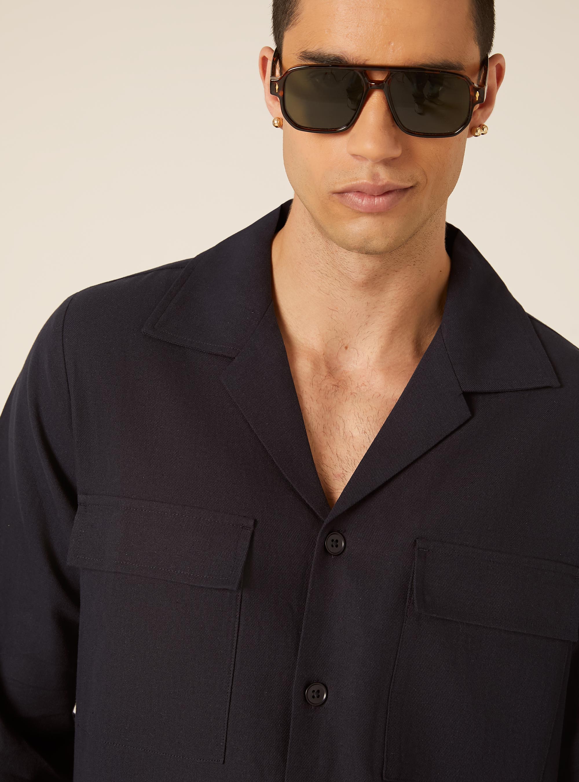 Linen Blend Utility Shirt with Flap Pockets, NA1 NAVY DARK