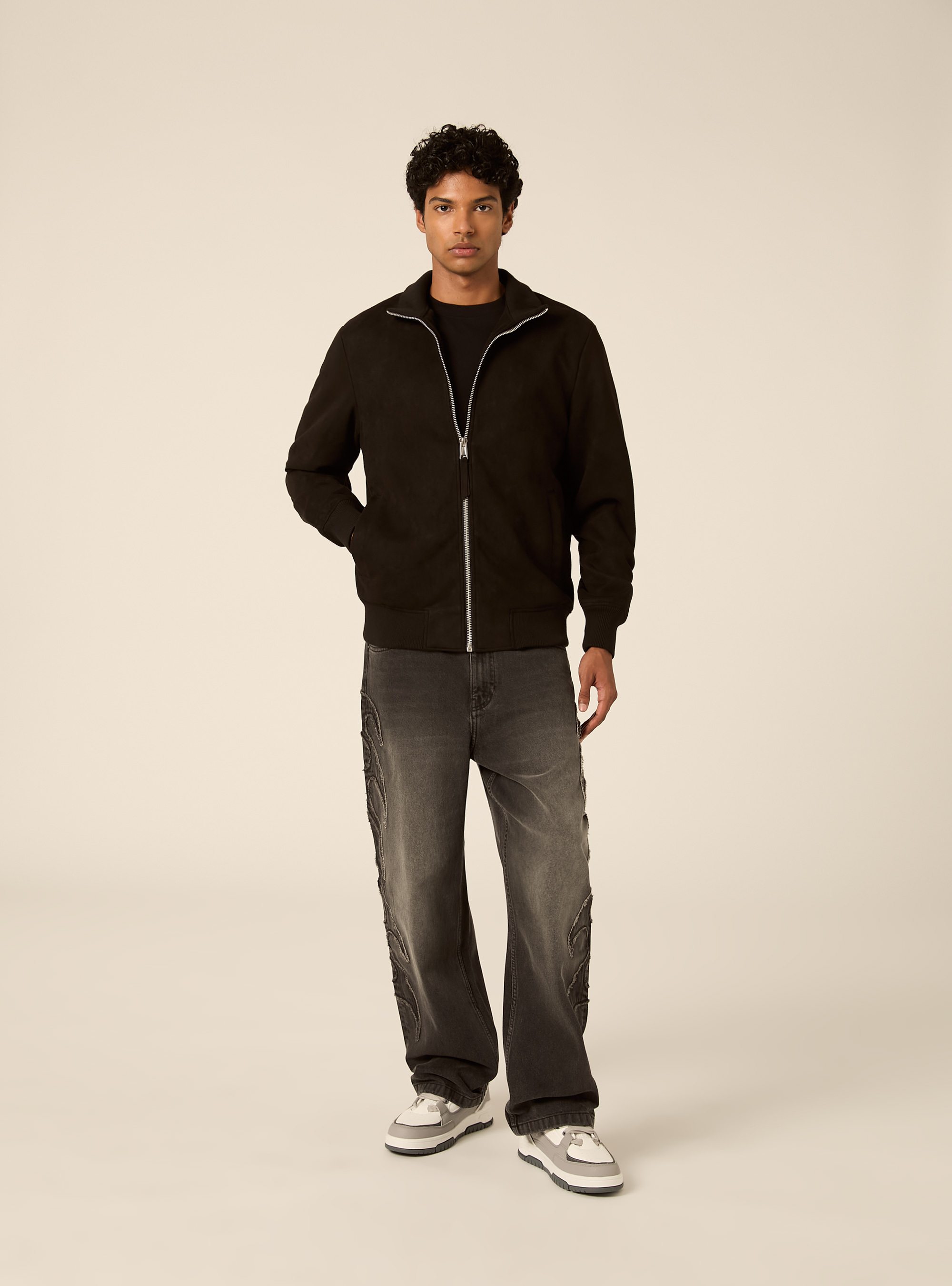 Faux suede high neck zip jacket, BK1 BLACK