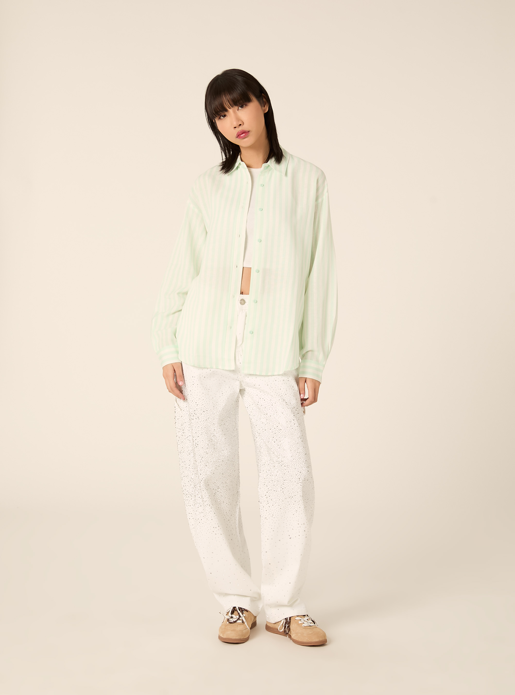 Camisa de mezcla de lino a rayas, GA3 AQUA GREEN LIGHT