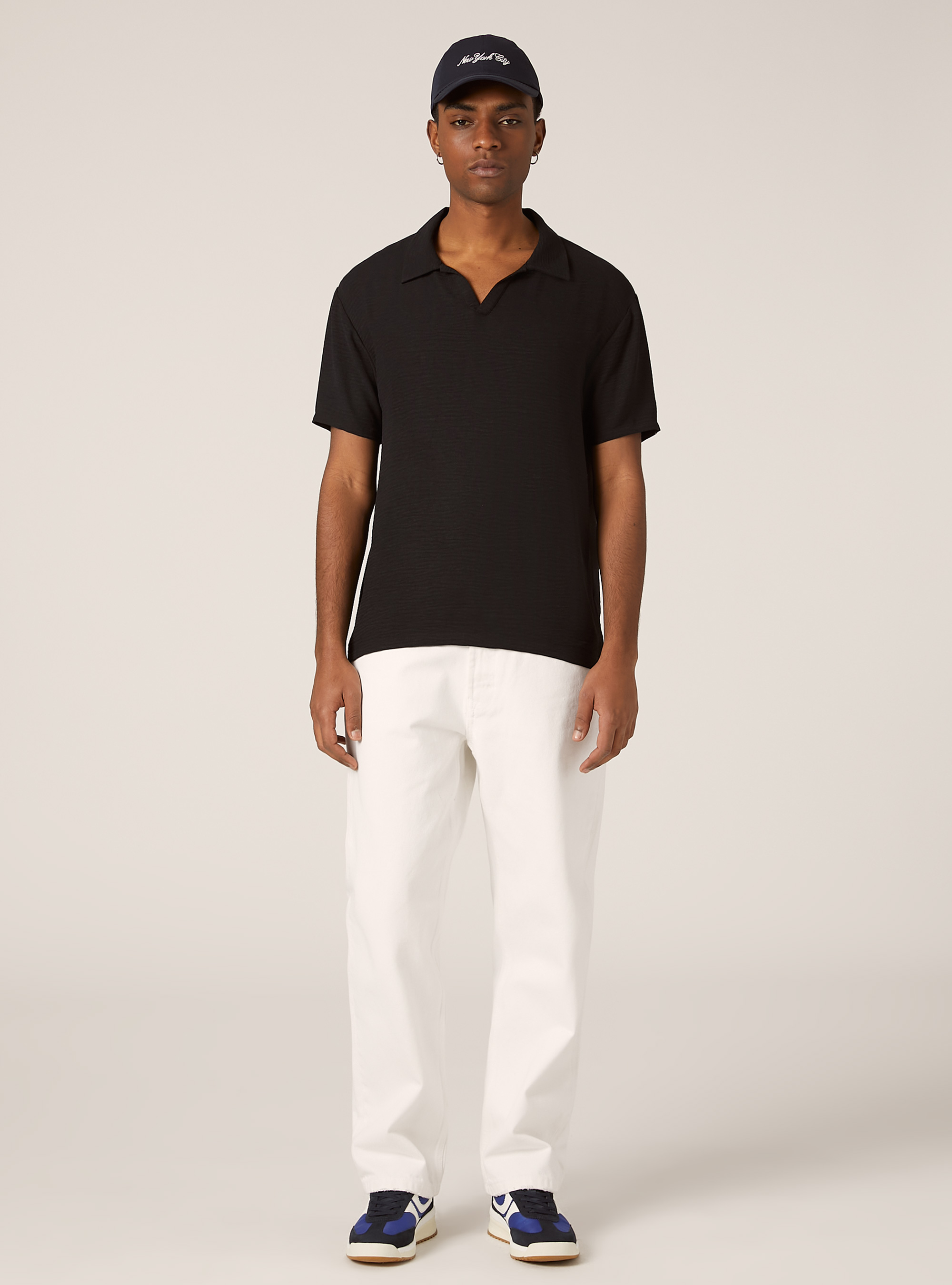 Polo en crepe &agrave; col ouvert, BK1 BLACK