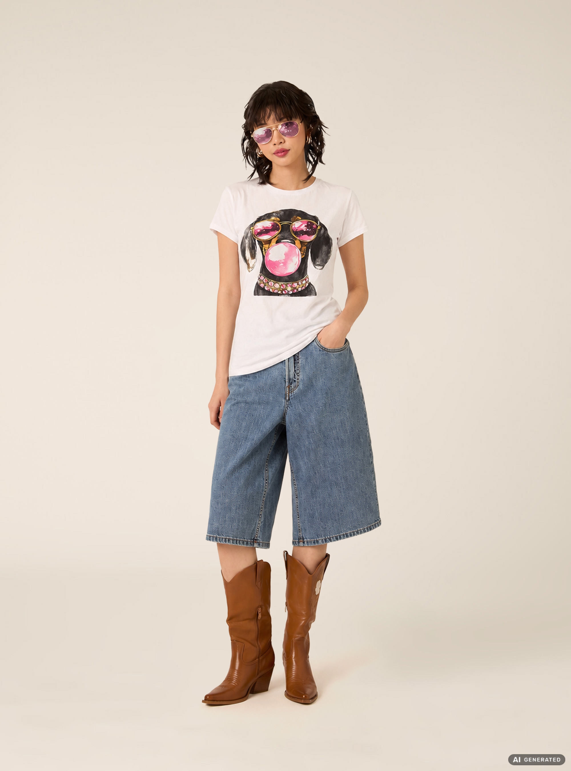 T-shirt regular con stampa cane, WH3 WHITE