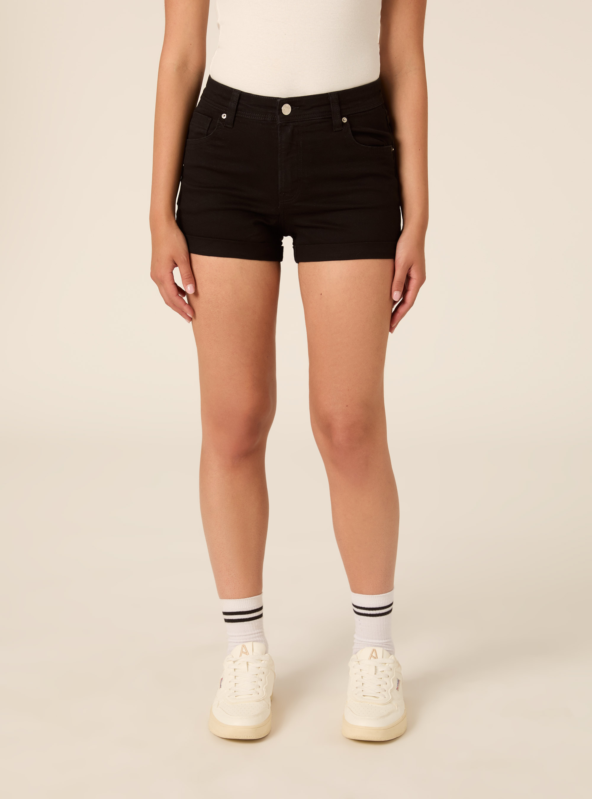 Slim Fit Denim Shorts with Rolled Cuffs, D000 BLACK