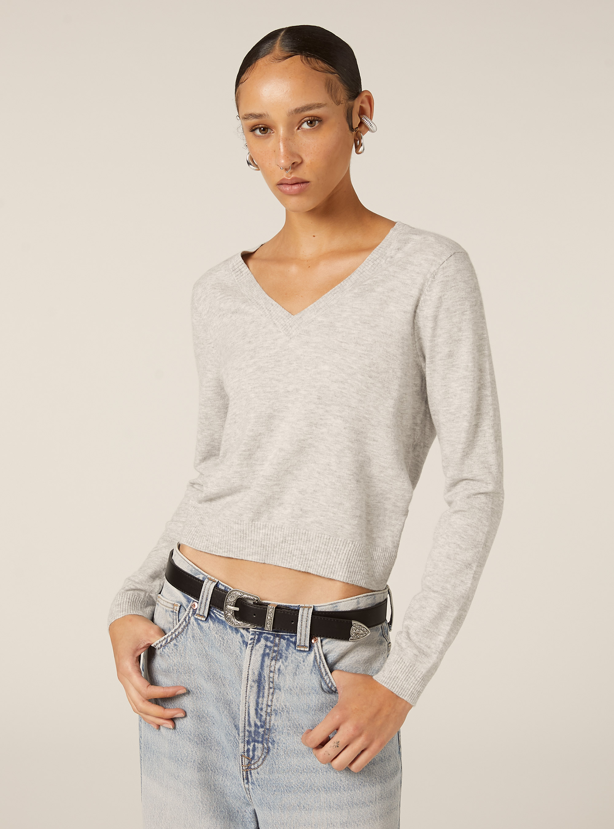Pull &agrave; col en V coupe boxy, MGY2 GREY MEL MEDIUM