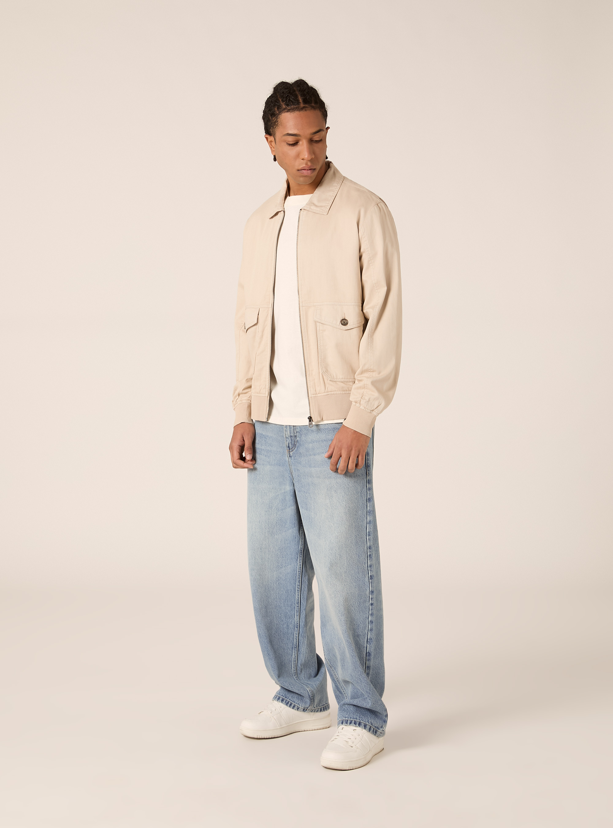 Linen Blend Bomber Jacket with Utility Pockets, SA3 SAND LIGHT