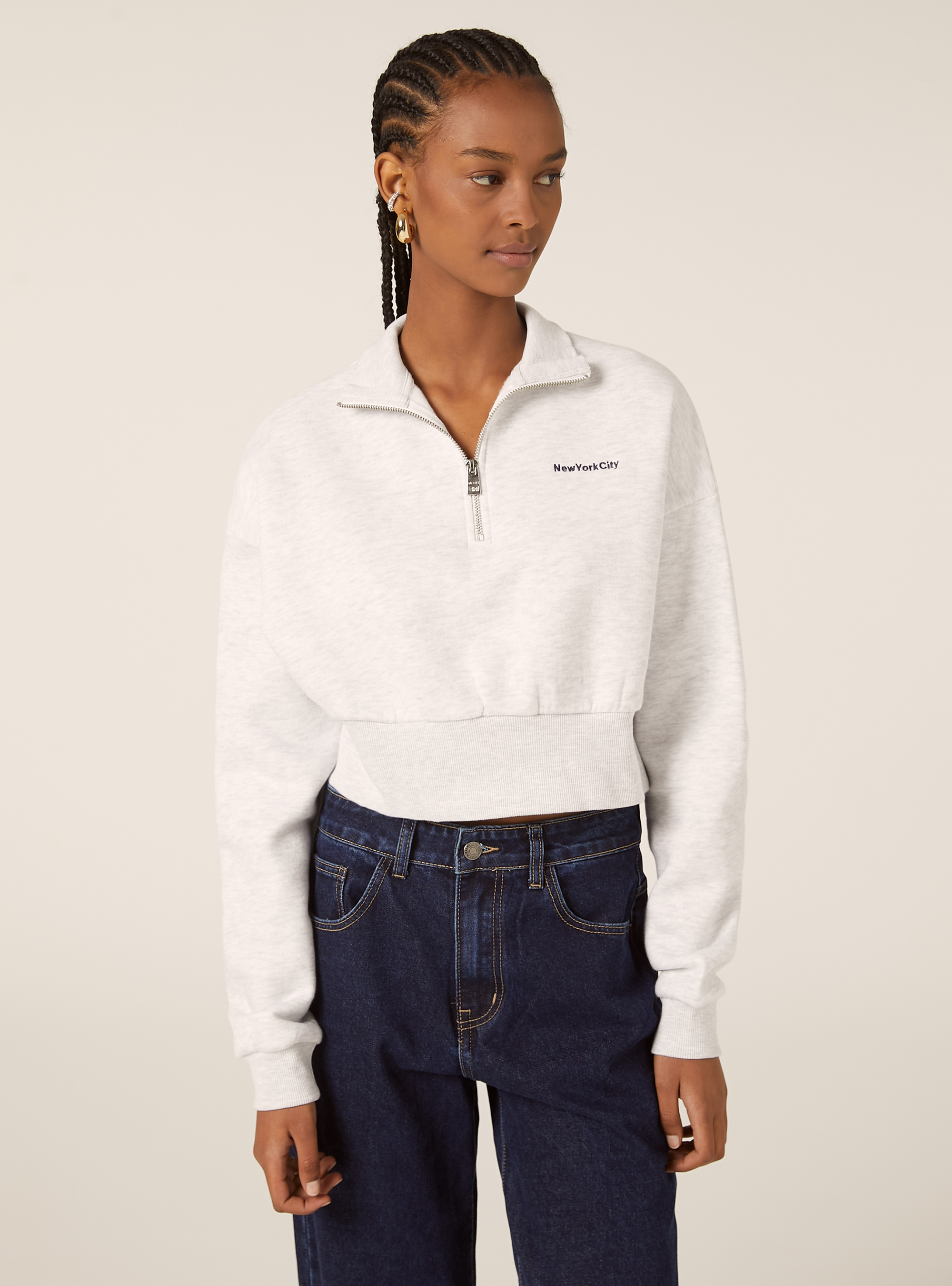 Sweat-shirt court avec col et fermeture &eacute;clair, MGY3 GREY MEL LIGHT