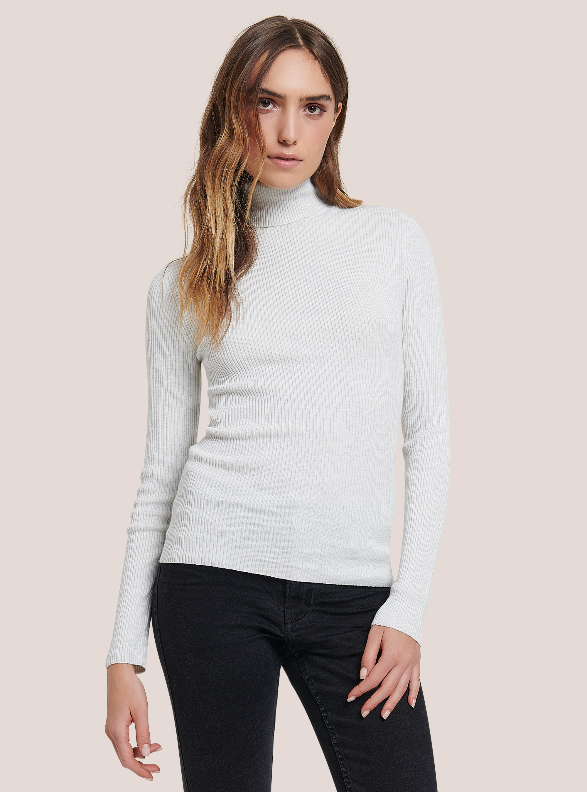 Pullover a collo alto a coste, MGY3 GREY MEL LIGHT