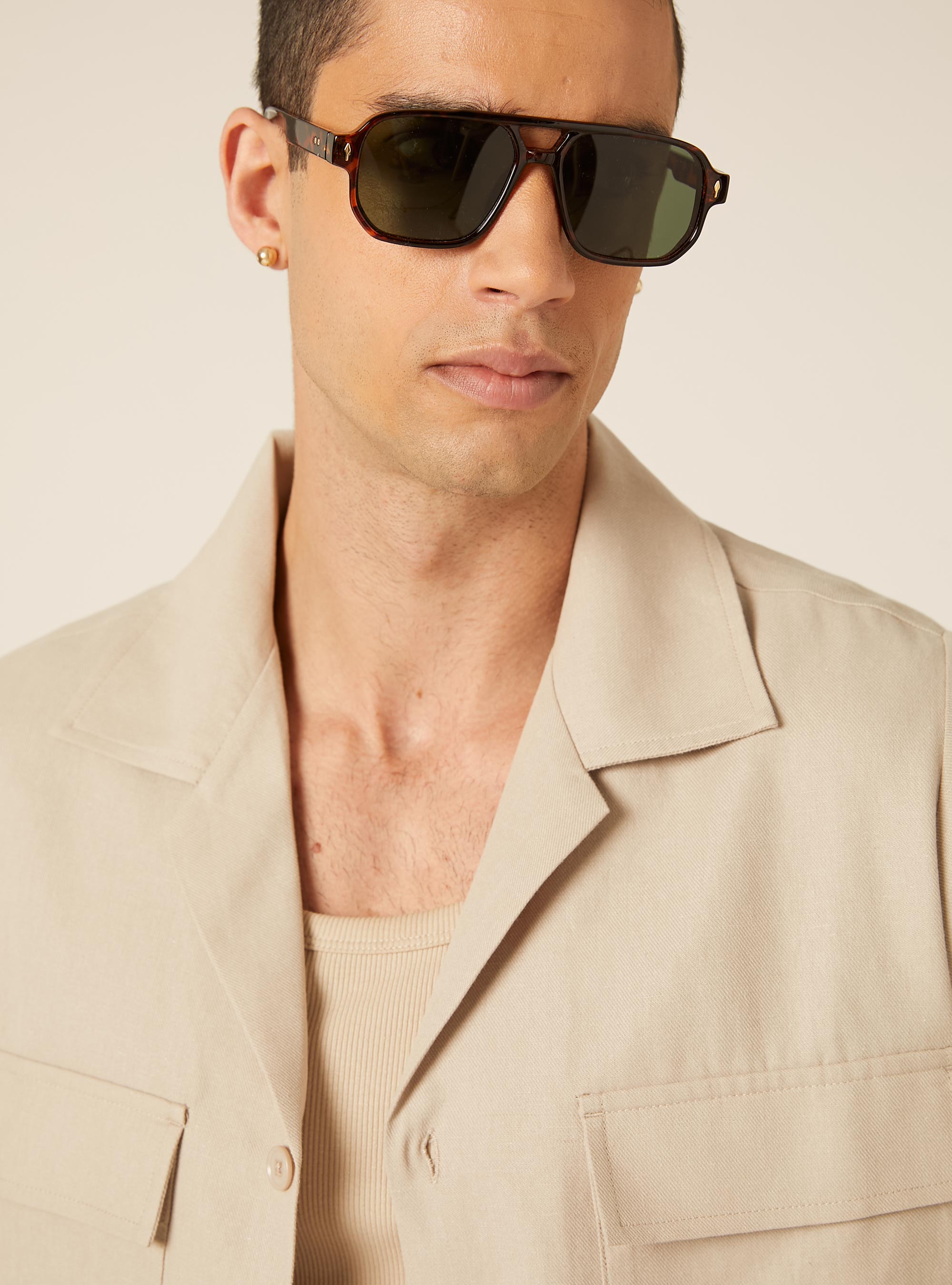 Linen Blend Utility Shirt with Flap Pockets, BG2 BEIGE MEDIUM