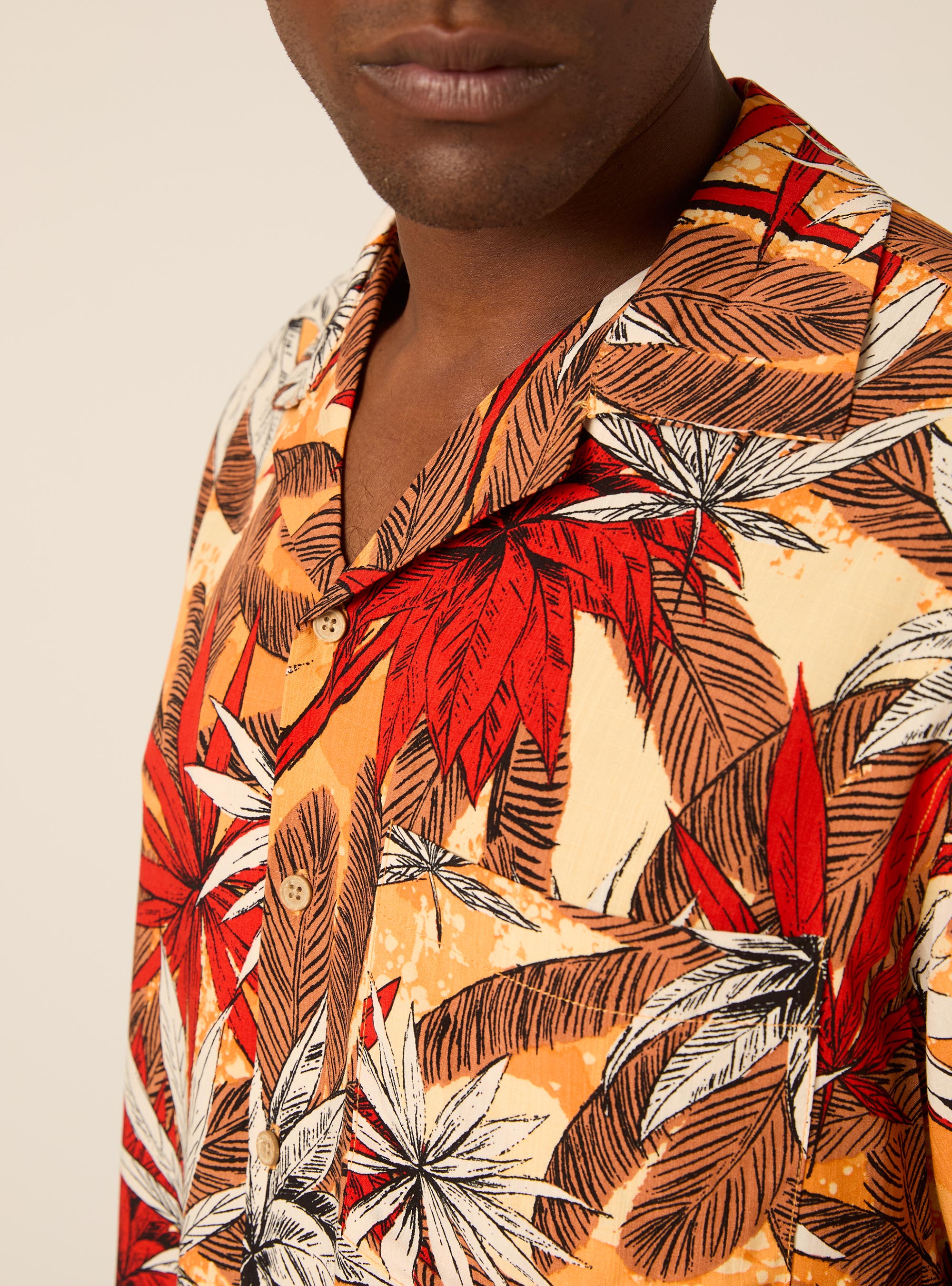 Warm-Toned Tropical Print Bowling Shirt, OR2 ORANGE MED.