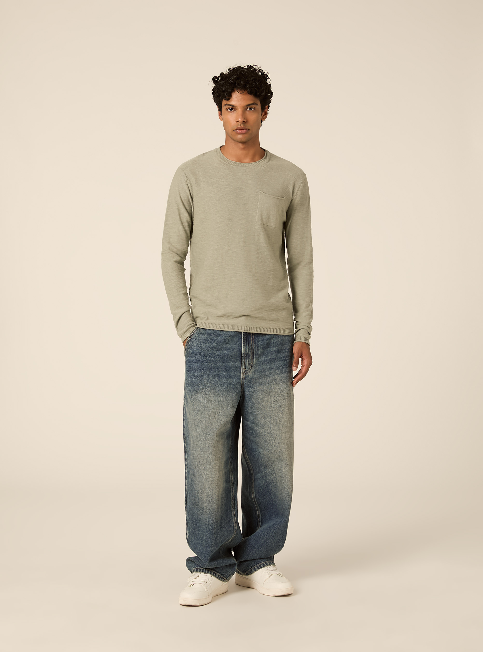 Jersey ligero de cuello redondo con bolsillo, SG3 SAGE LIGHT
