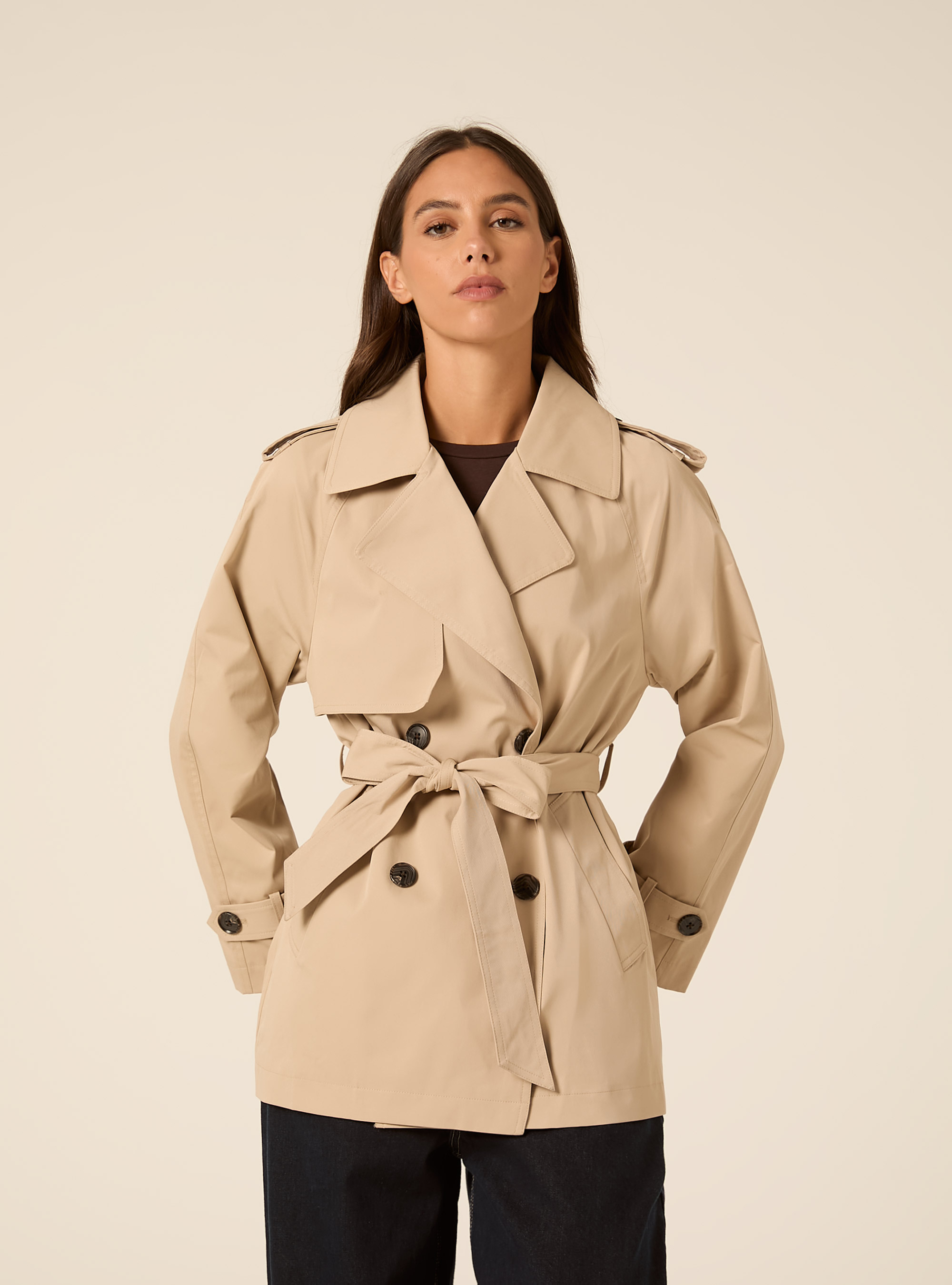 Short Double-Breasted Belted Trench Coat, BG2 BEIGE MEDIUM
