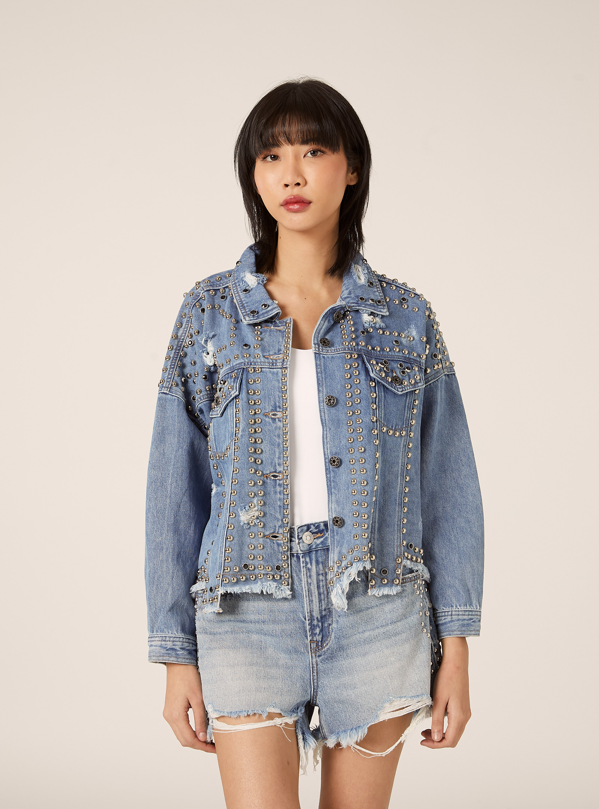 Denim jacket with studs, D006 AZURE