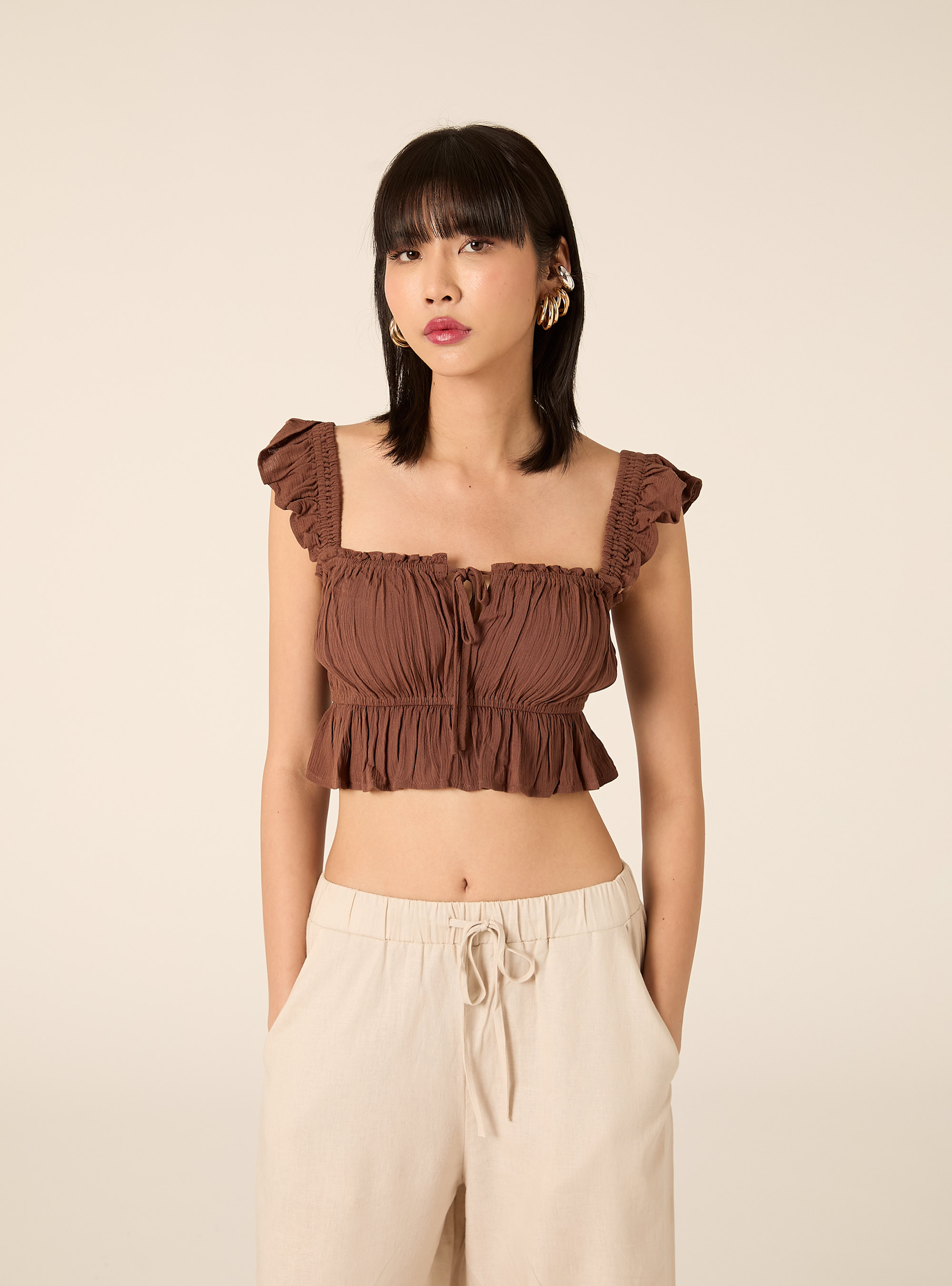 Top aus Crepe mit R&uuml;schen, BR2 BROWN MEDIUM
