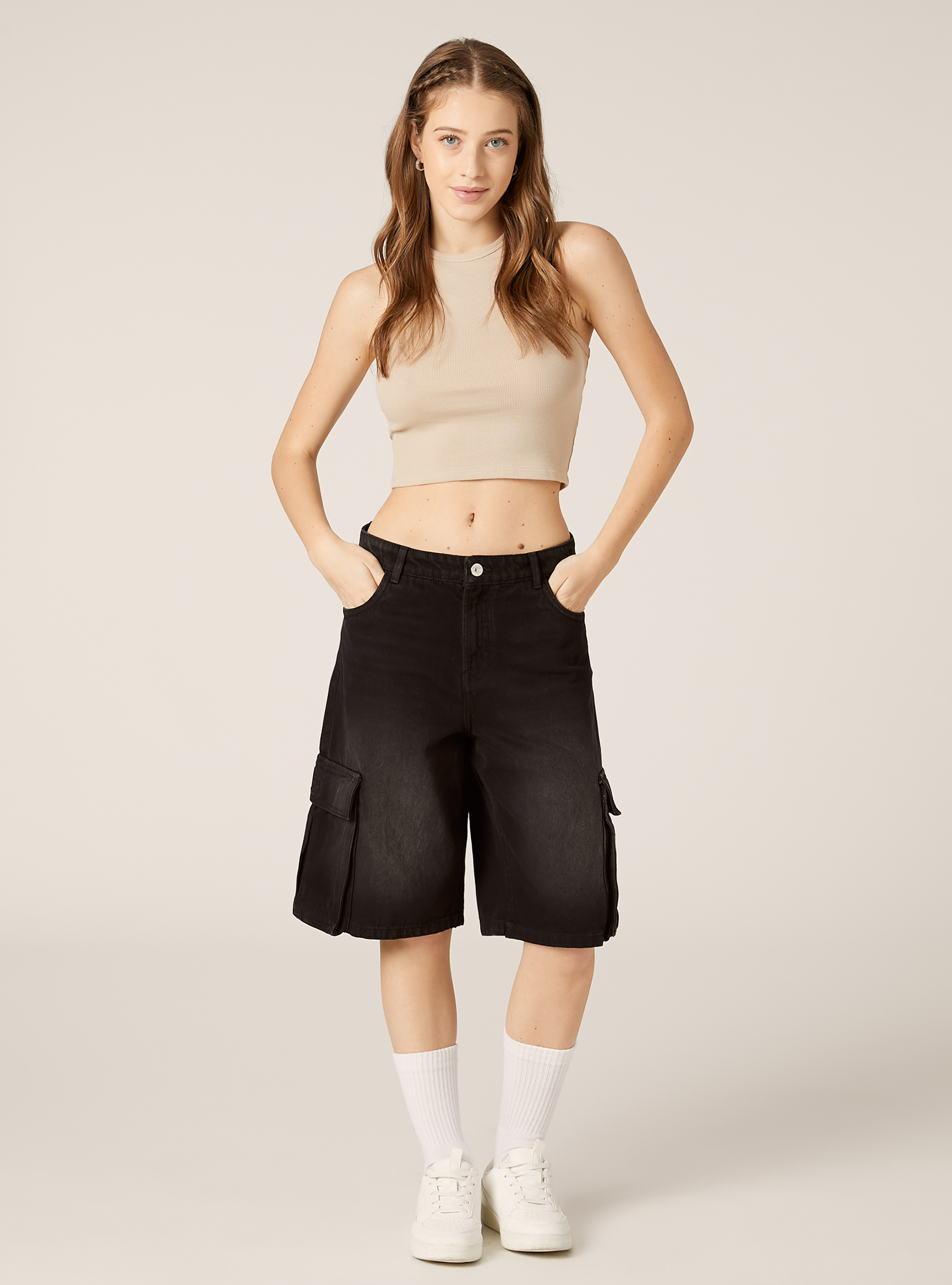 Short cargo en denim, D000 BLACK
