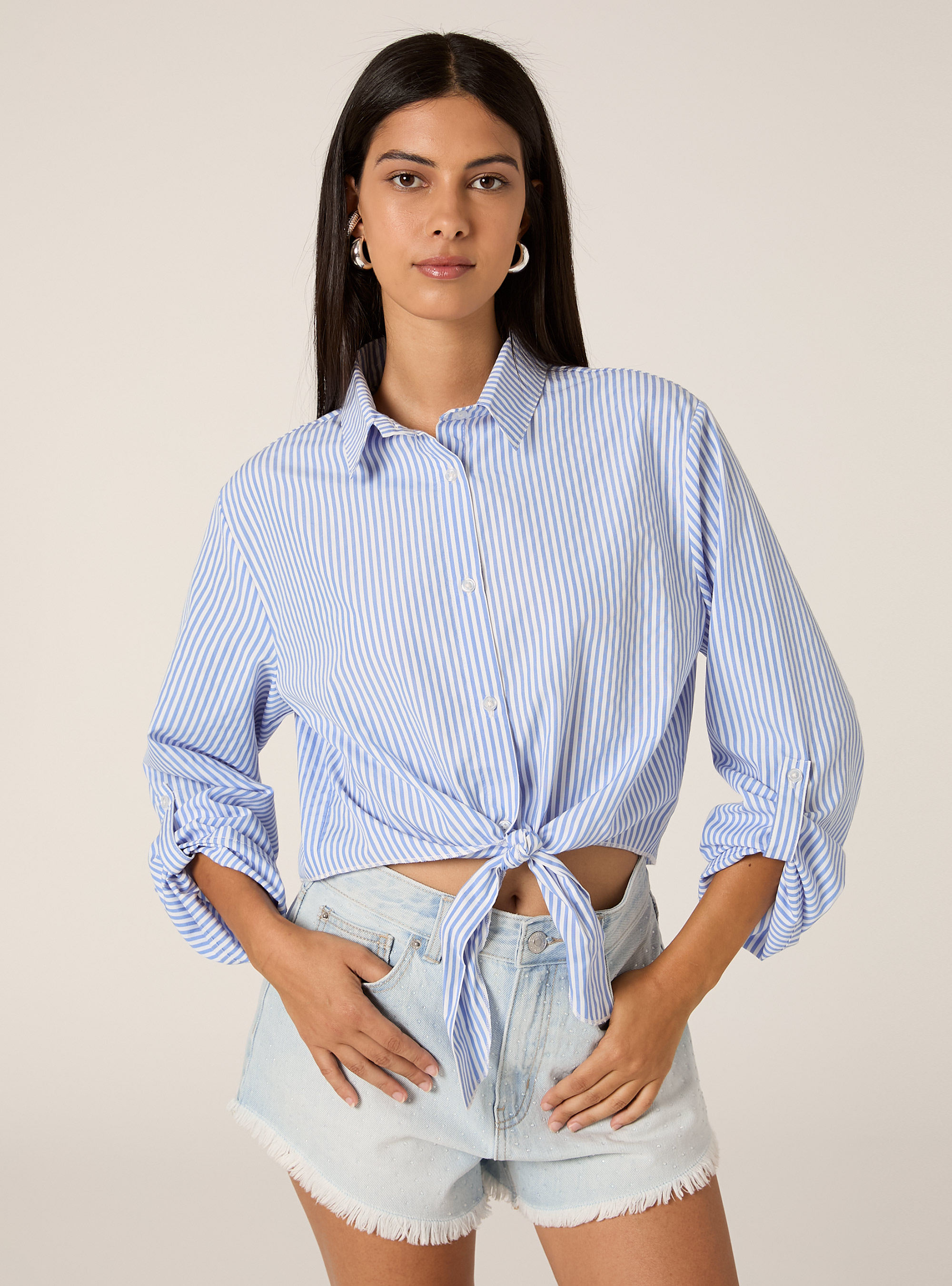 Camicia cropped a righe, AZZURRO CHIARO