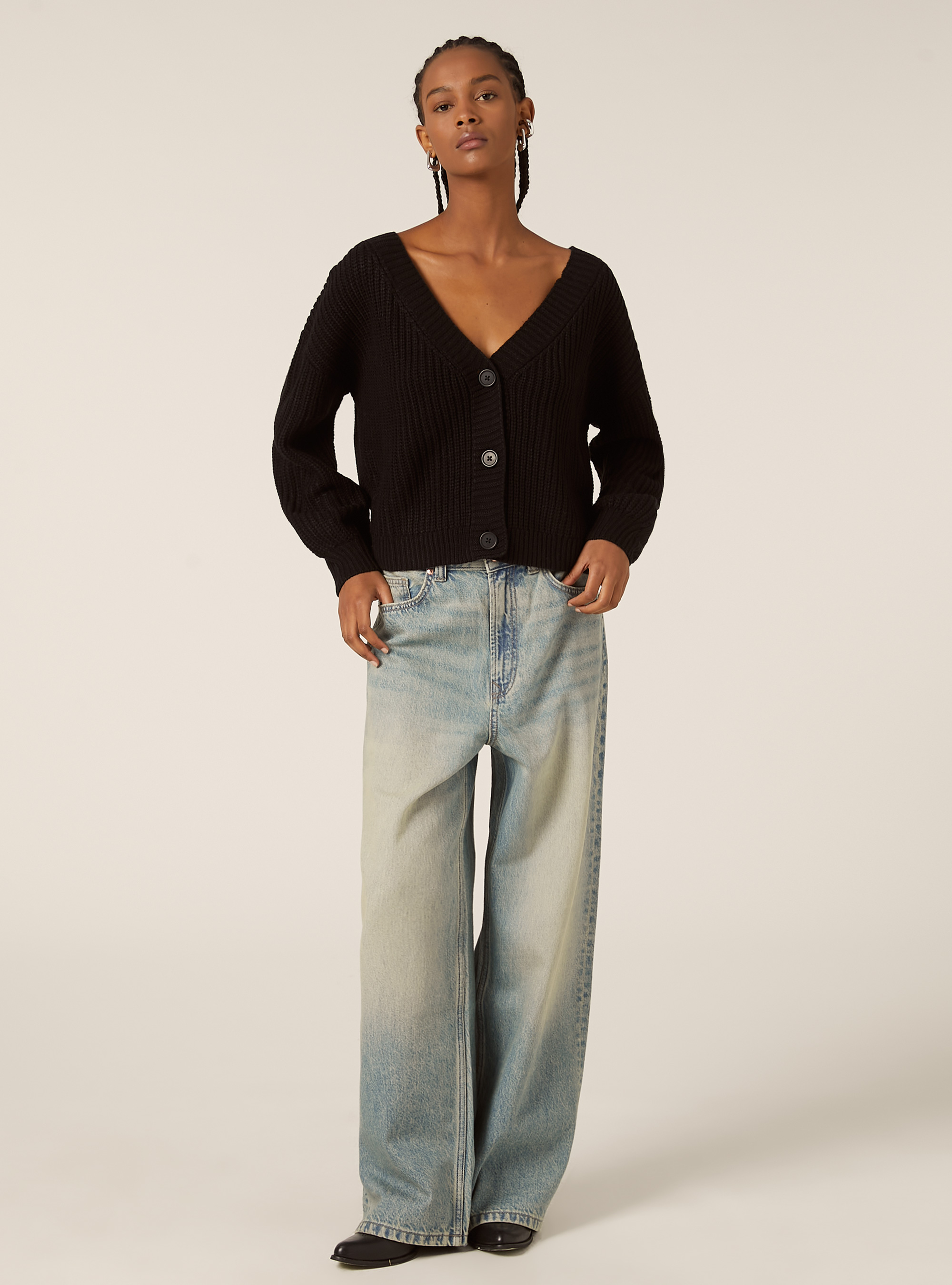 Cardigan en maille &agrave; encolure en V, BK1 BLACK