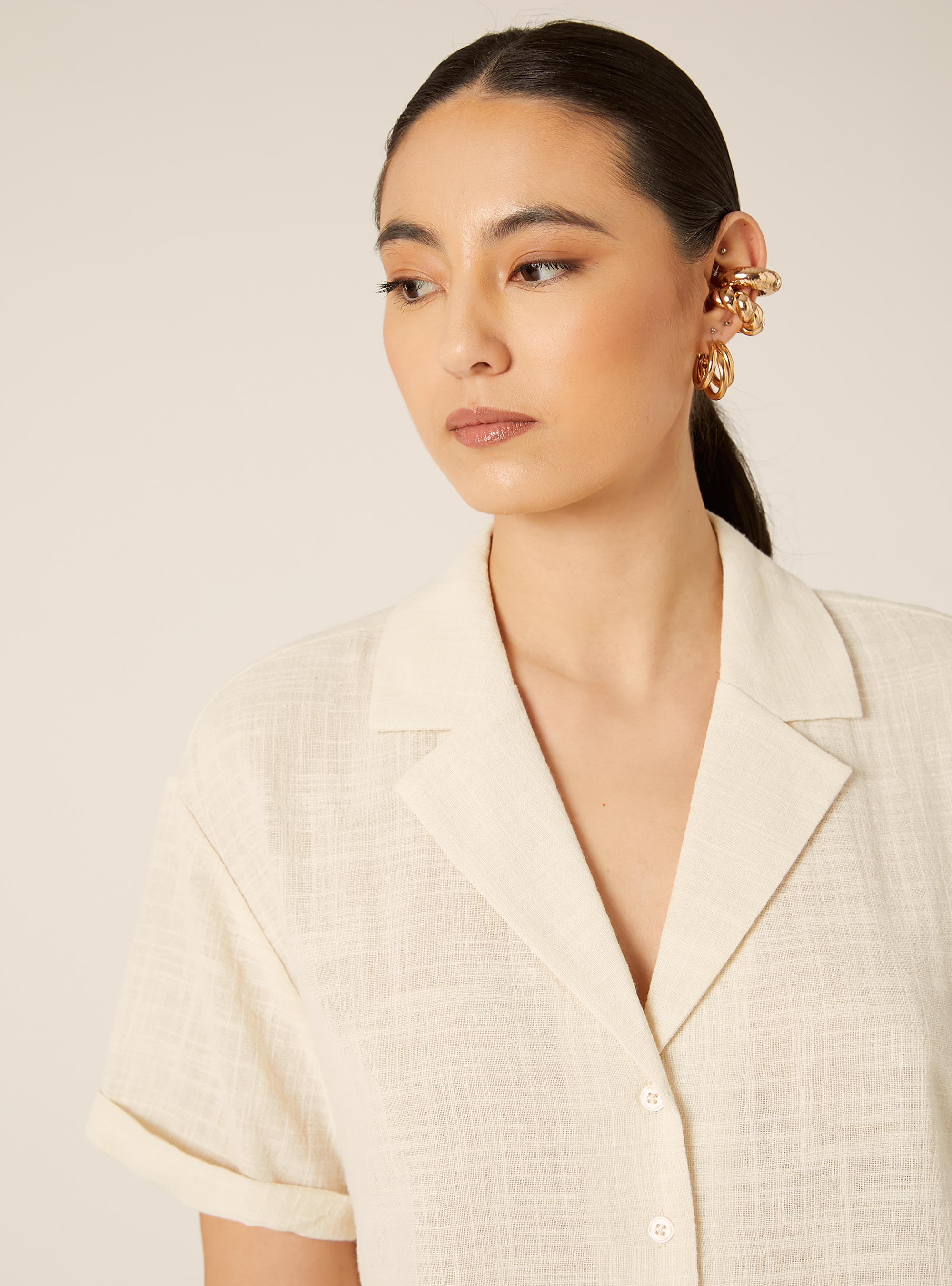 Camicia maniche corte crop, MBG3 BEIGE MEL LIGHT