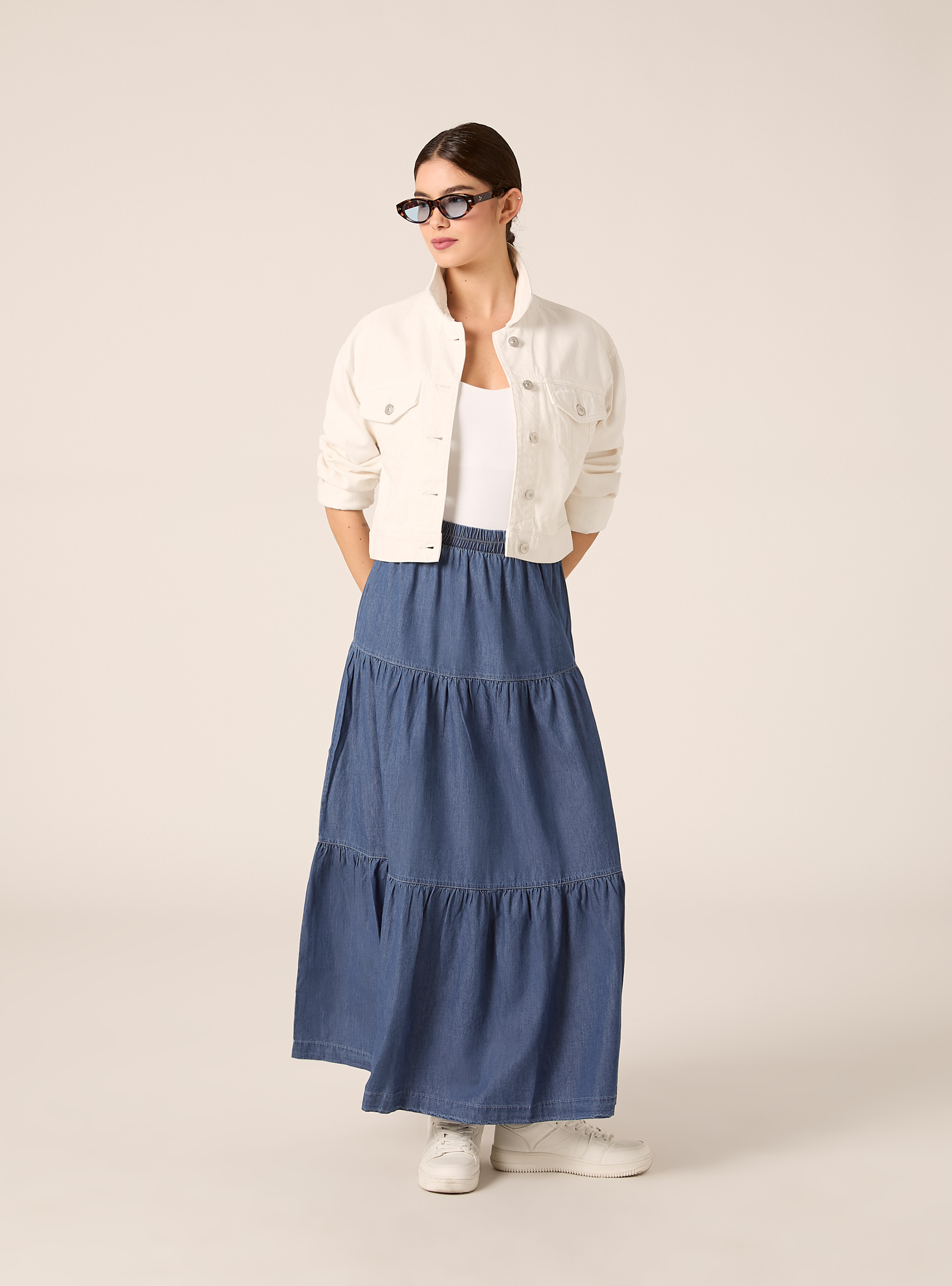 Falda larga boho de denim ligero, D004 MEDIUM LIGHT BLUE