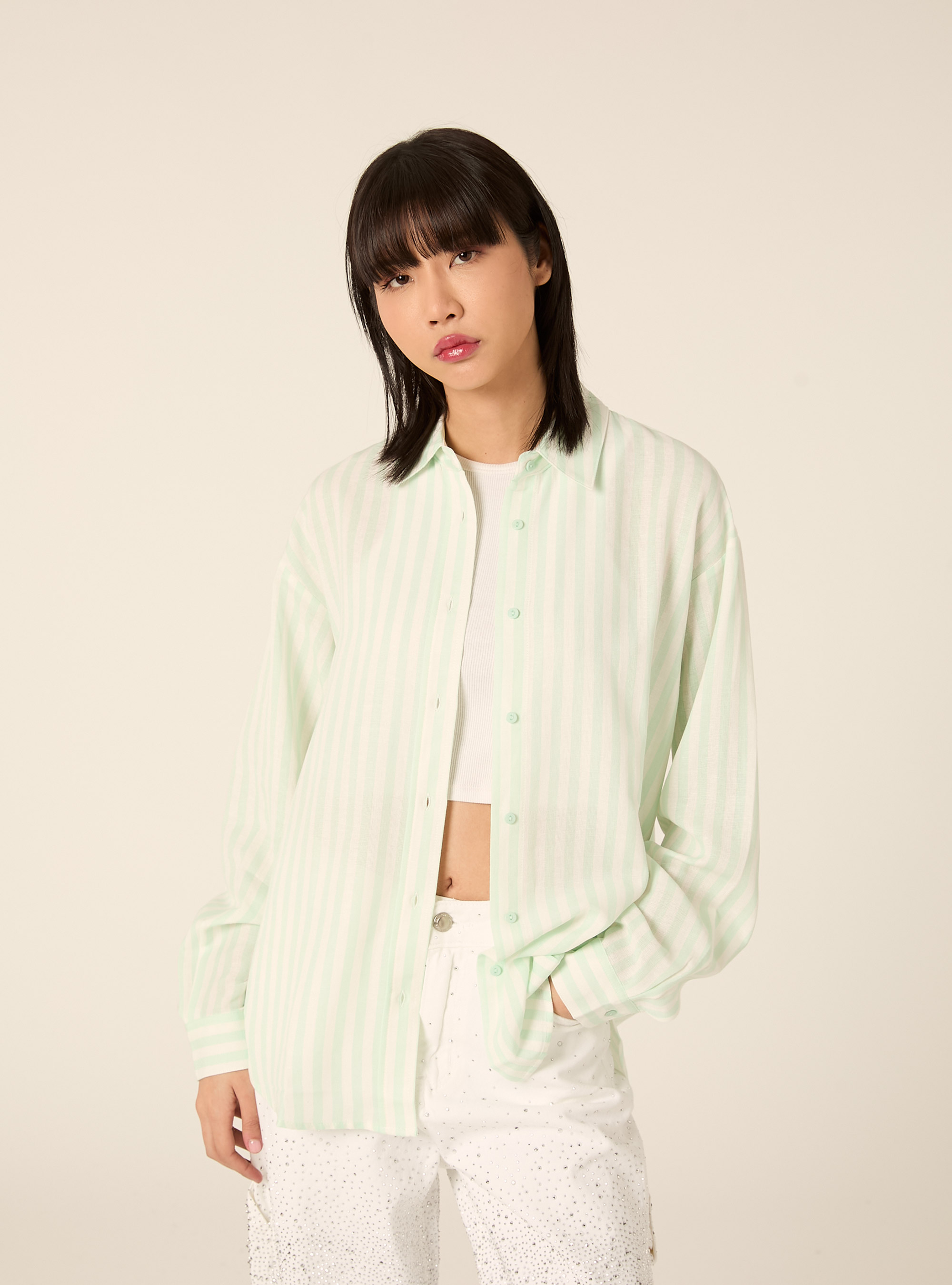 Camisa de mezcla de lino a rayas, GA3 AQUA GREEN LIGHT