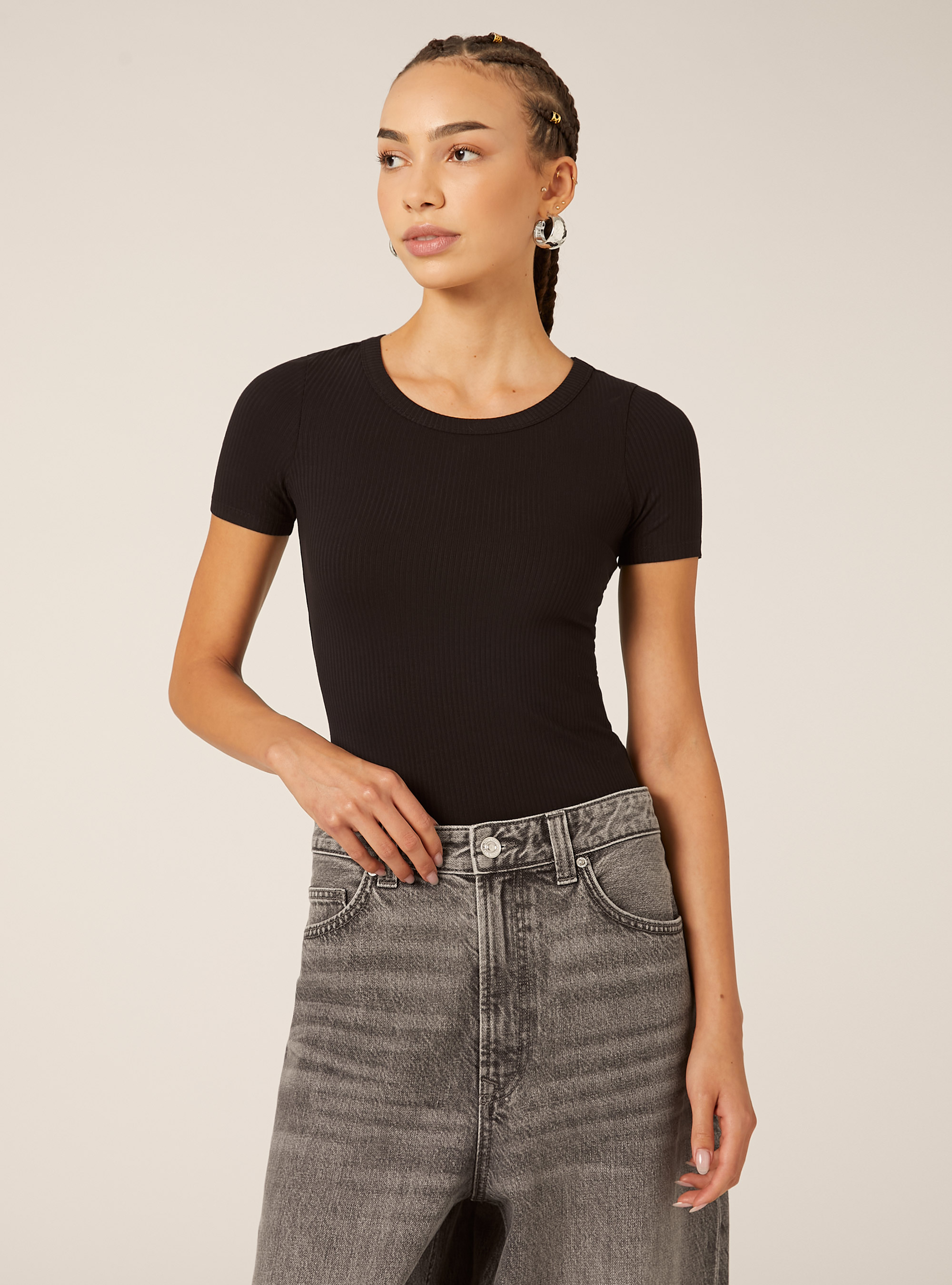 Body &agrave; manches courtes cotel&eacute;es, BK1 BLACK