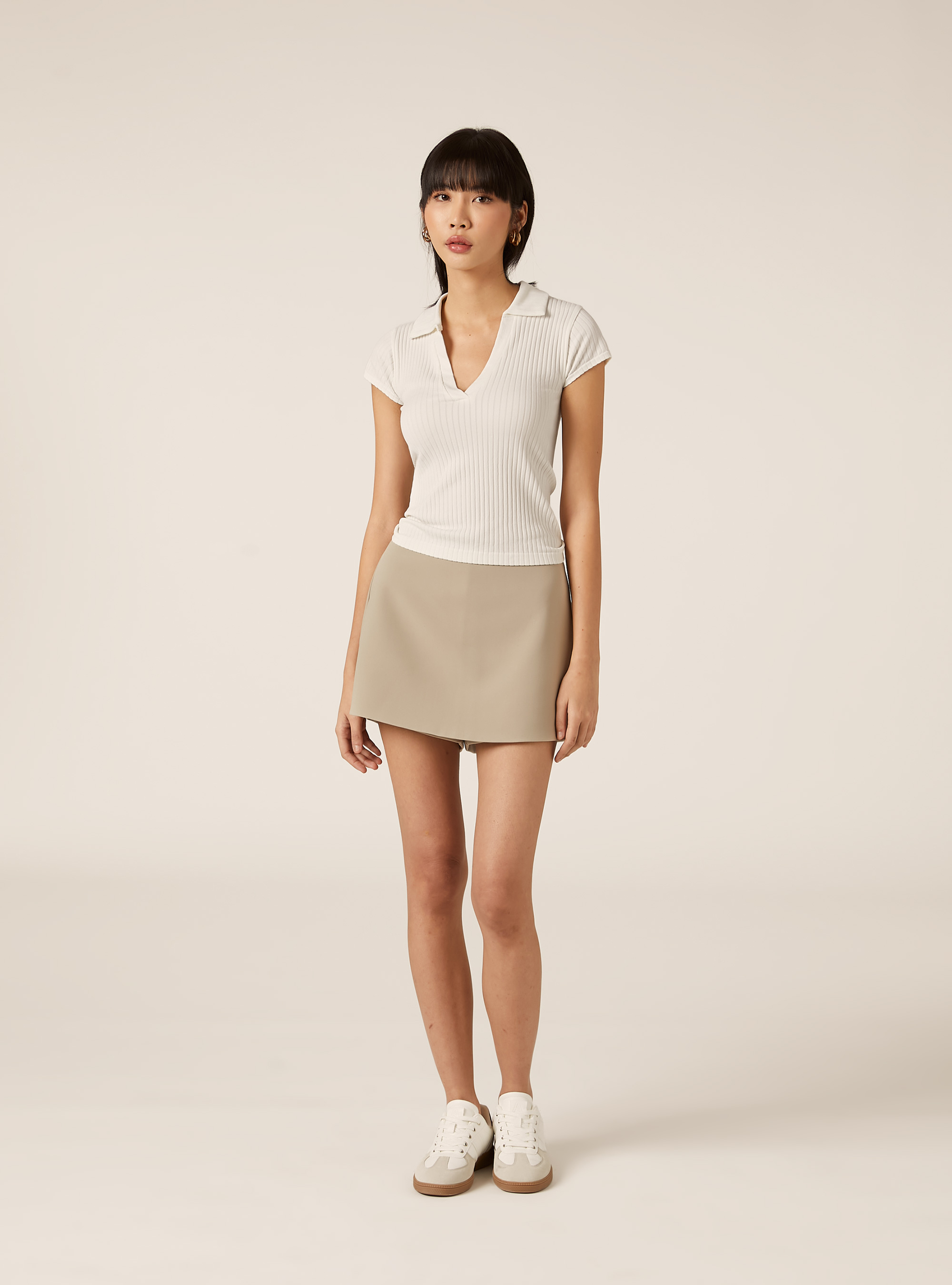 Skort basic a vita alta, BEIGE MEDIO