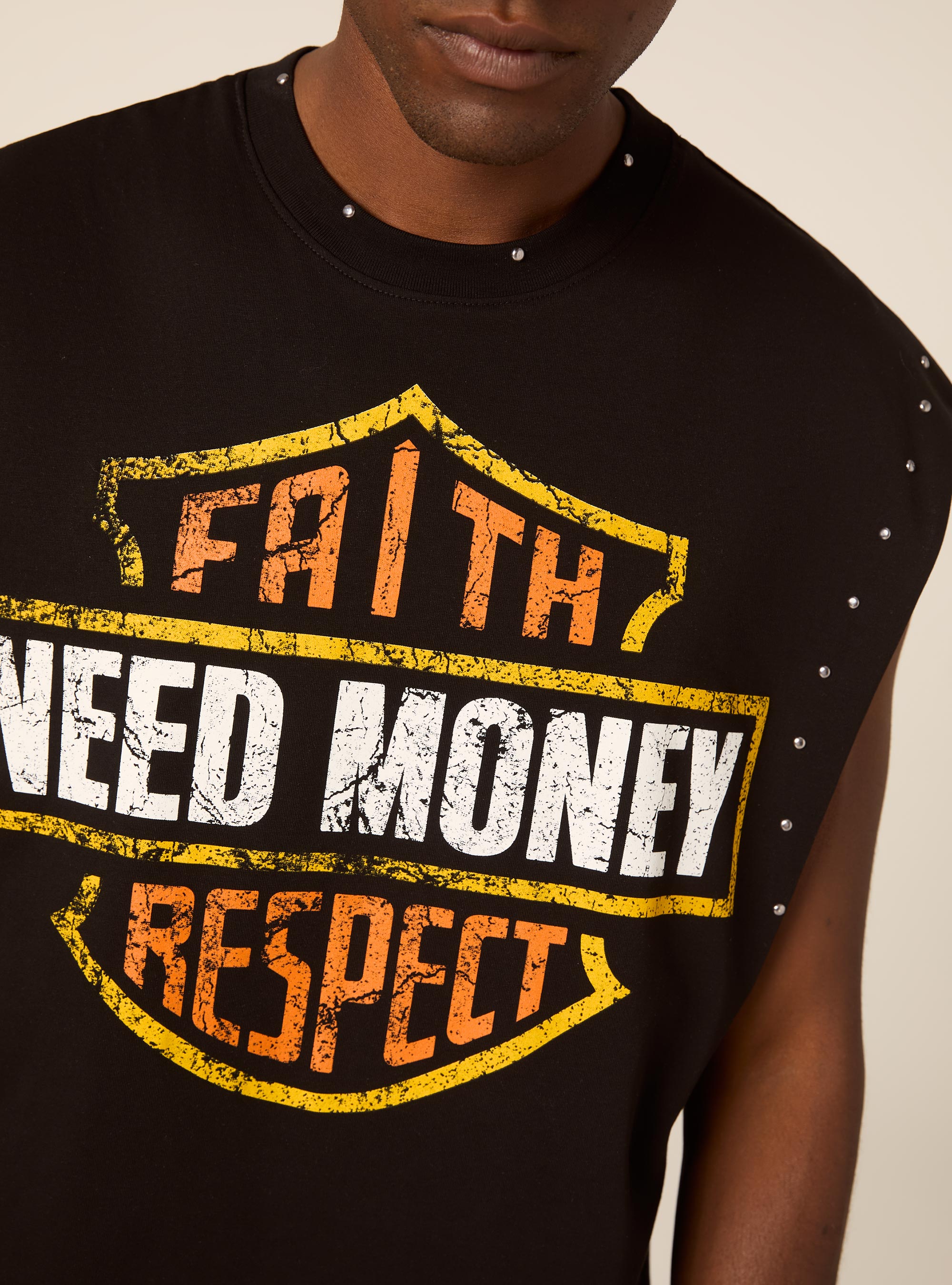 Oversized Sleeveless T-Shirt with Biker Graphic and Studs, BK1 BLACK