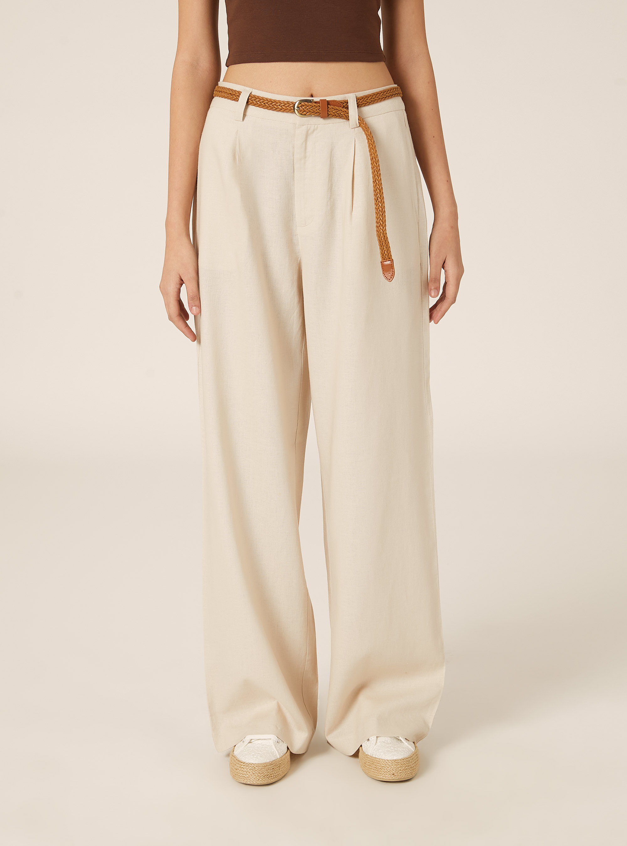 Linen Blend Trousers with Belt, BG2 BEIGE MEDIUM