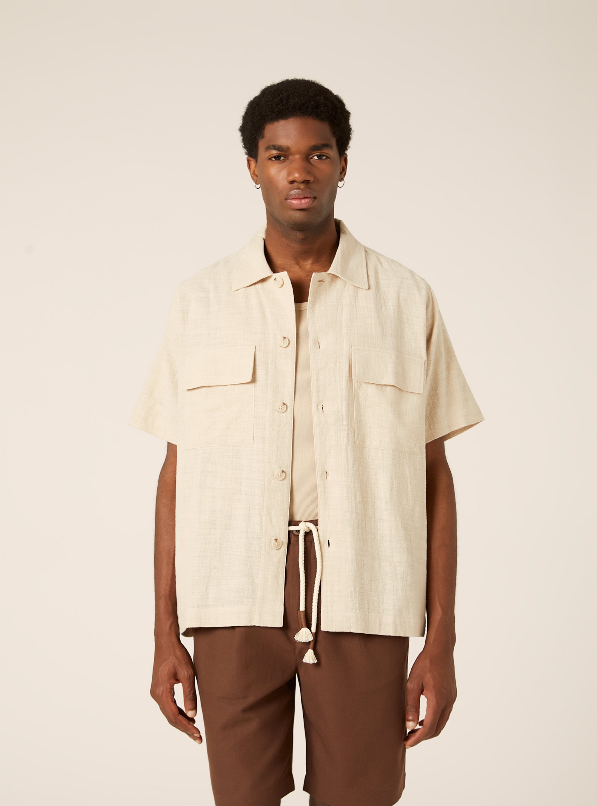 Short-Sleeved Cotton Shirt, BG3 BEIGE LIGHT