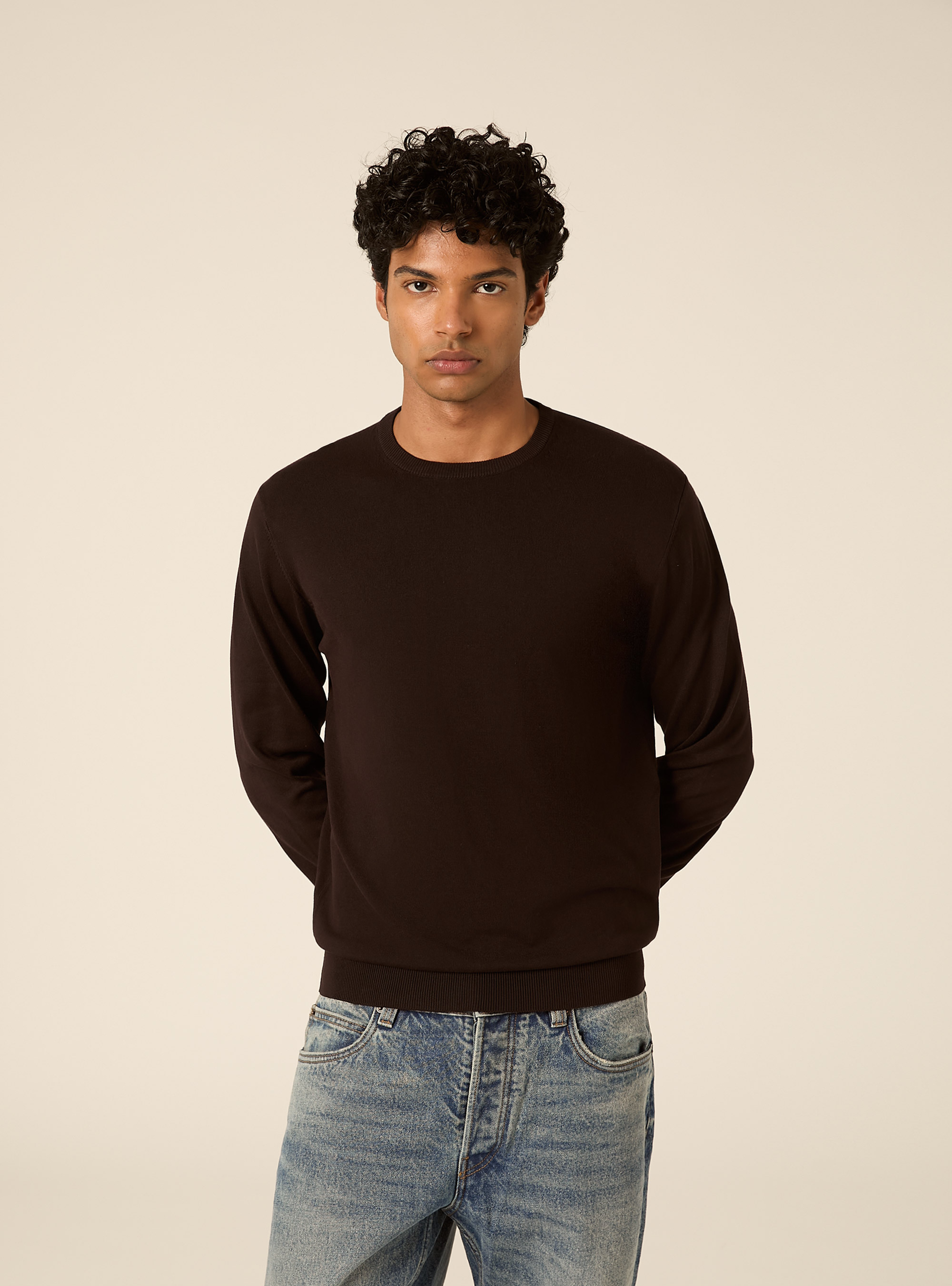 Jersey de cuello redondo en viscosa Lenzing Ecovero, BR1 BROWN DARK