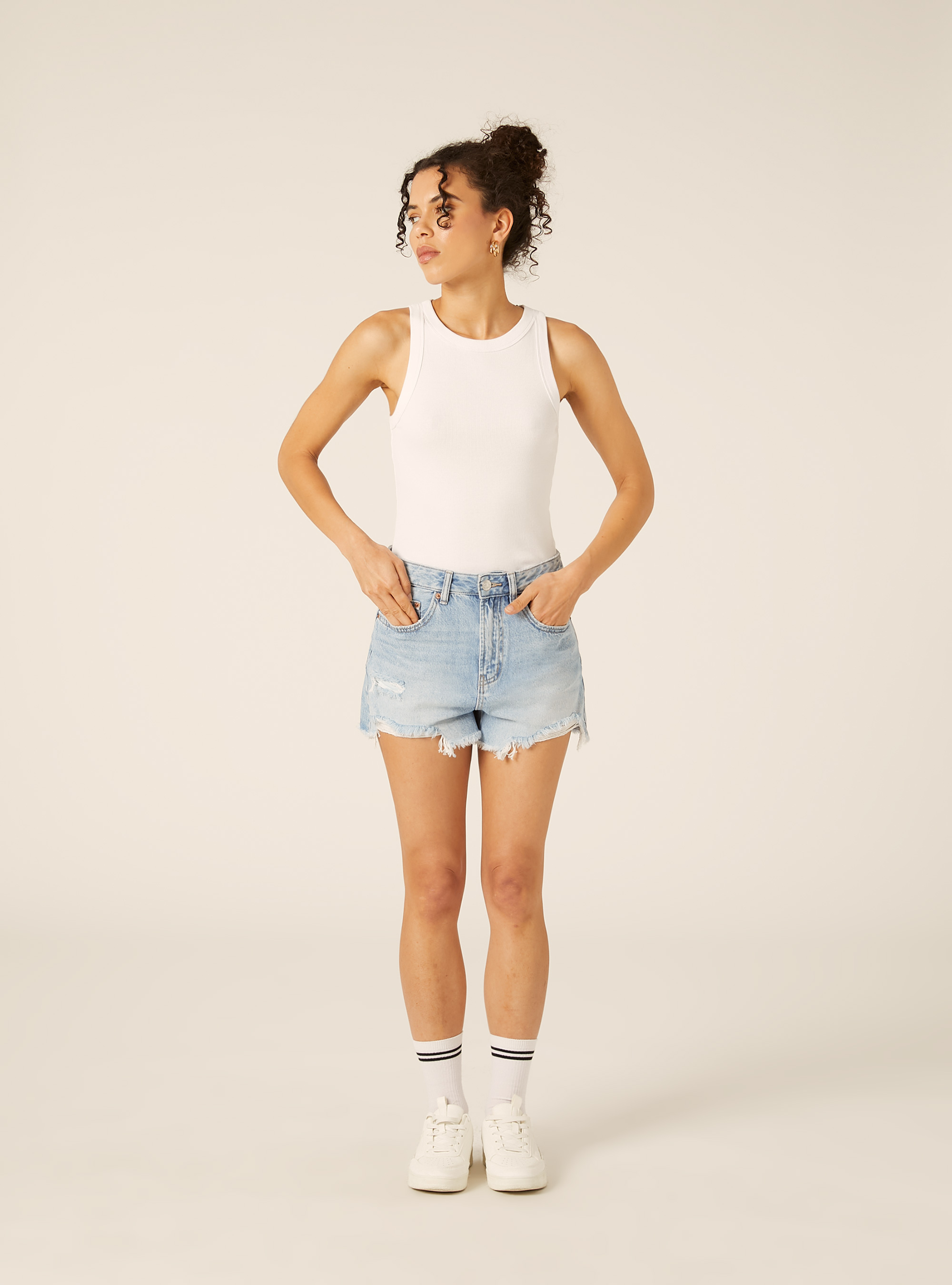 Shorts Vaqueros con Bajo de Corte Vivo, D006 AZURE