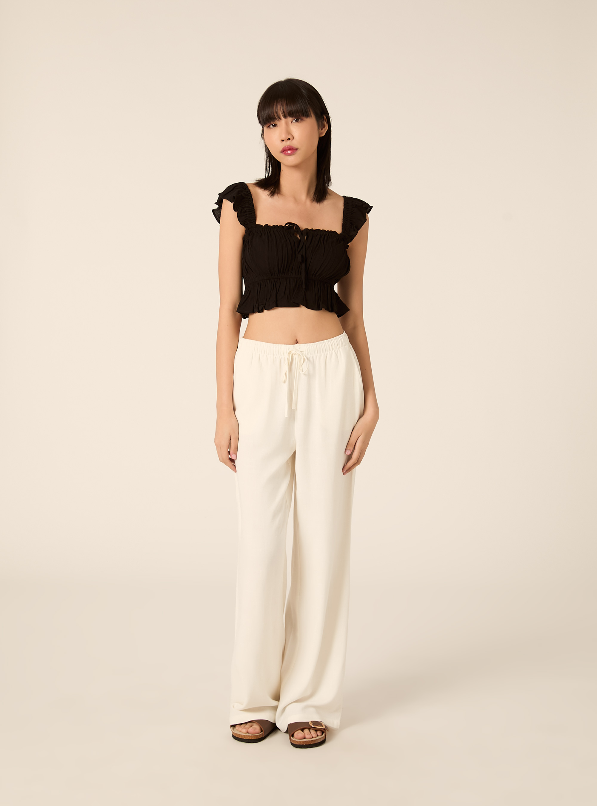 Top aus Crepe mit R&uuml;schen, BK1 BLACK