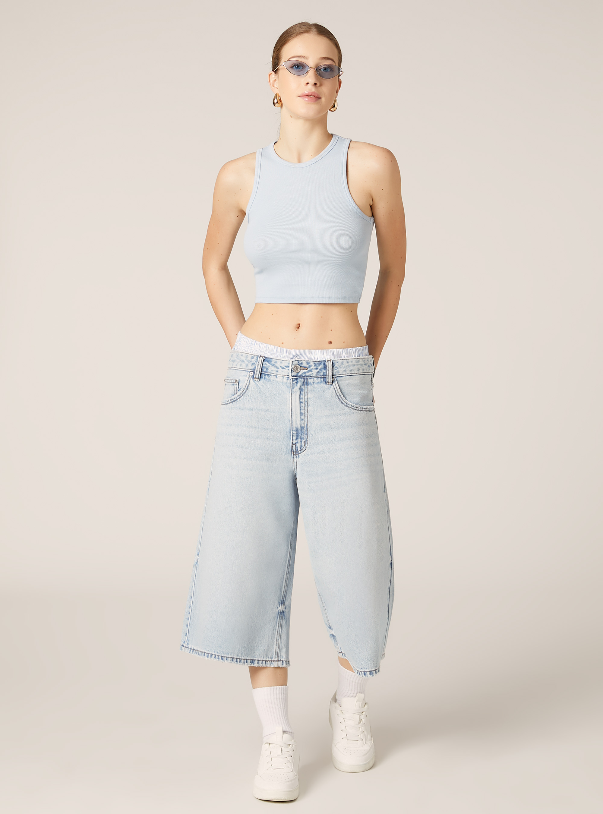 Jorts in denim con vita combinata, D006 AZURE