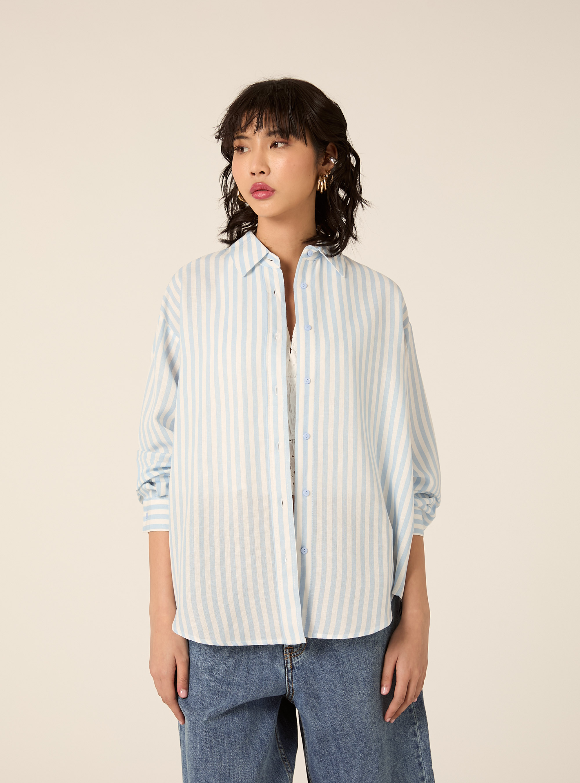 Gestreiftes Hemd aus Leinenmischgewebe, AZ2 AZURE MEDIUM