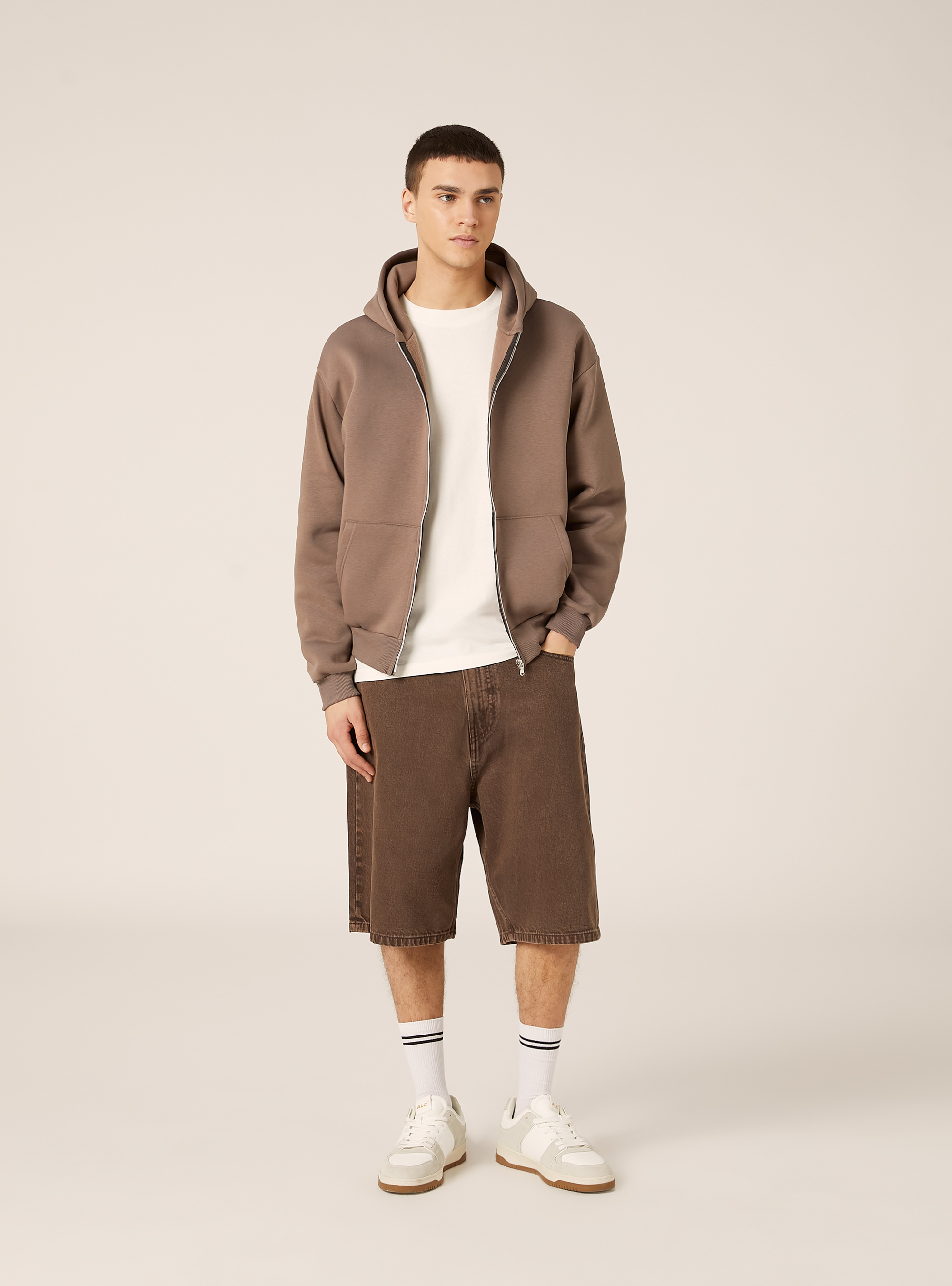 Sweat &agrave; capuche zipp&eacute; coupe boxy, BR2 BROWN MEDIUM