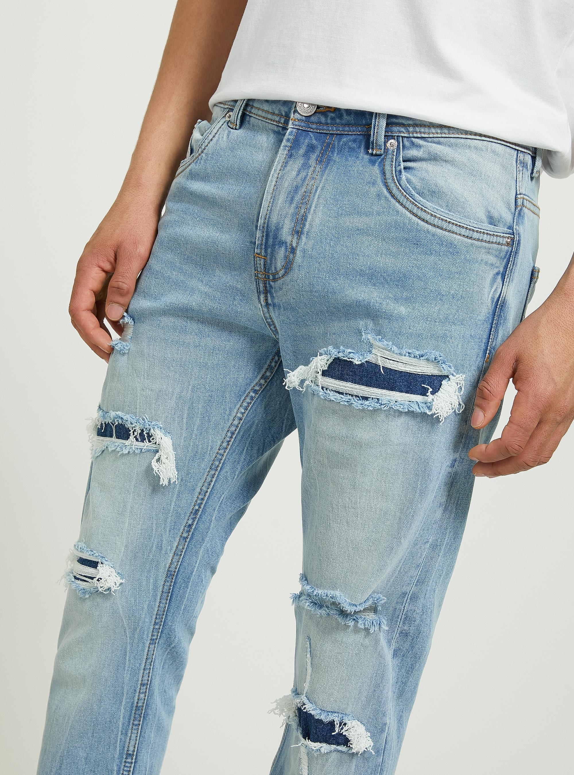 Jean slim en denim stretch avec d&eacute;chirures, D004 MEDIUM LIGHT BLUE