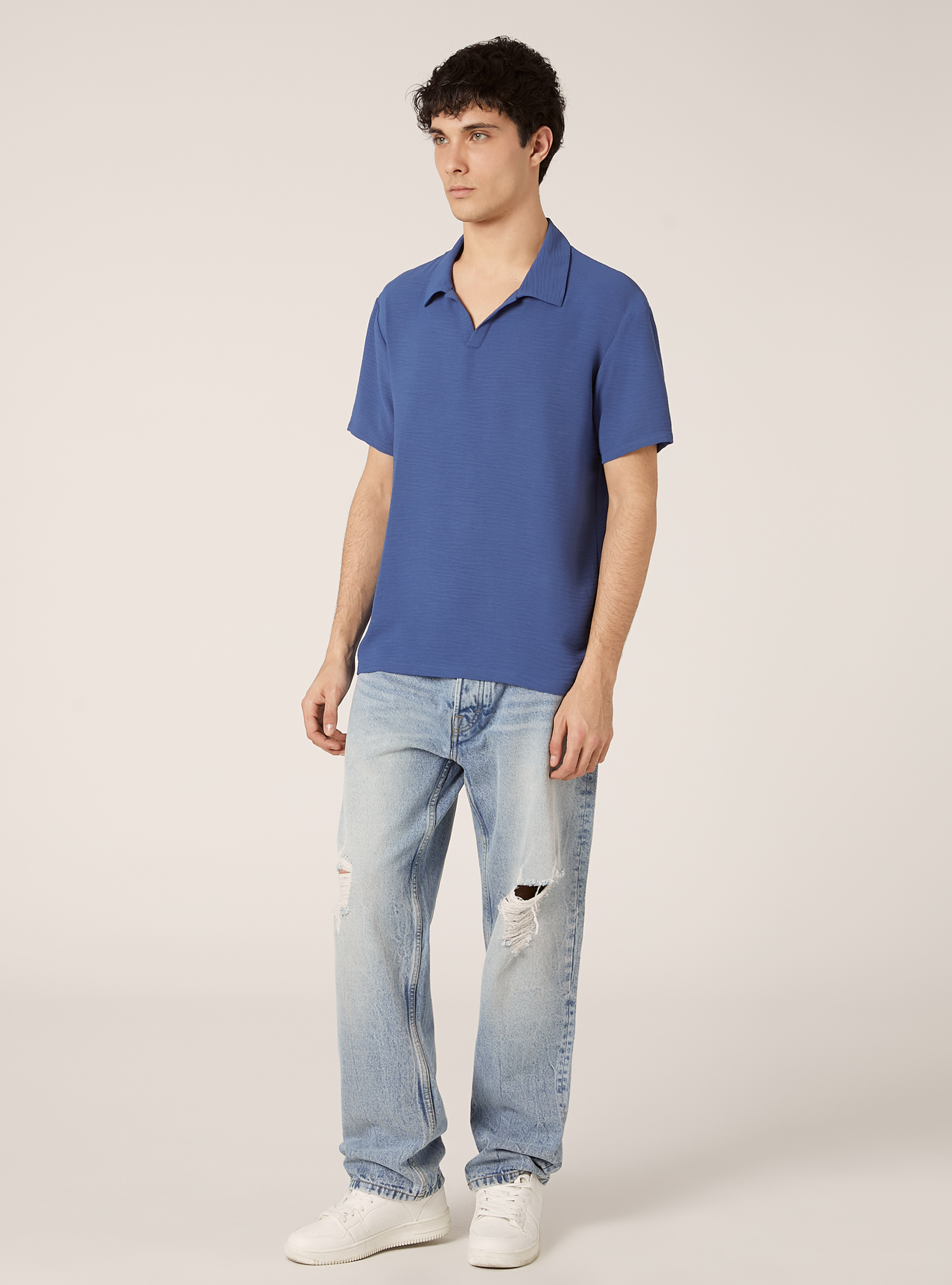 Polo en crepe &agrave; col ouvert, BL1 BLUE DARK