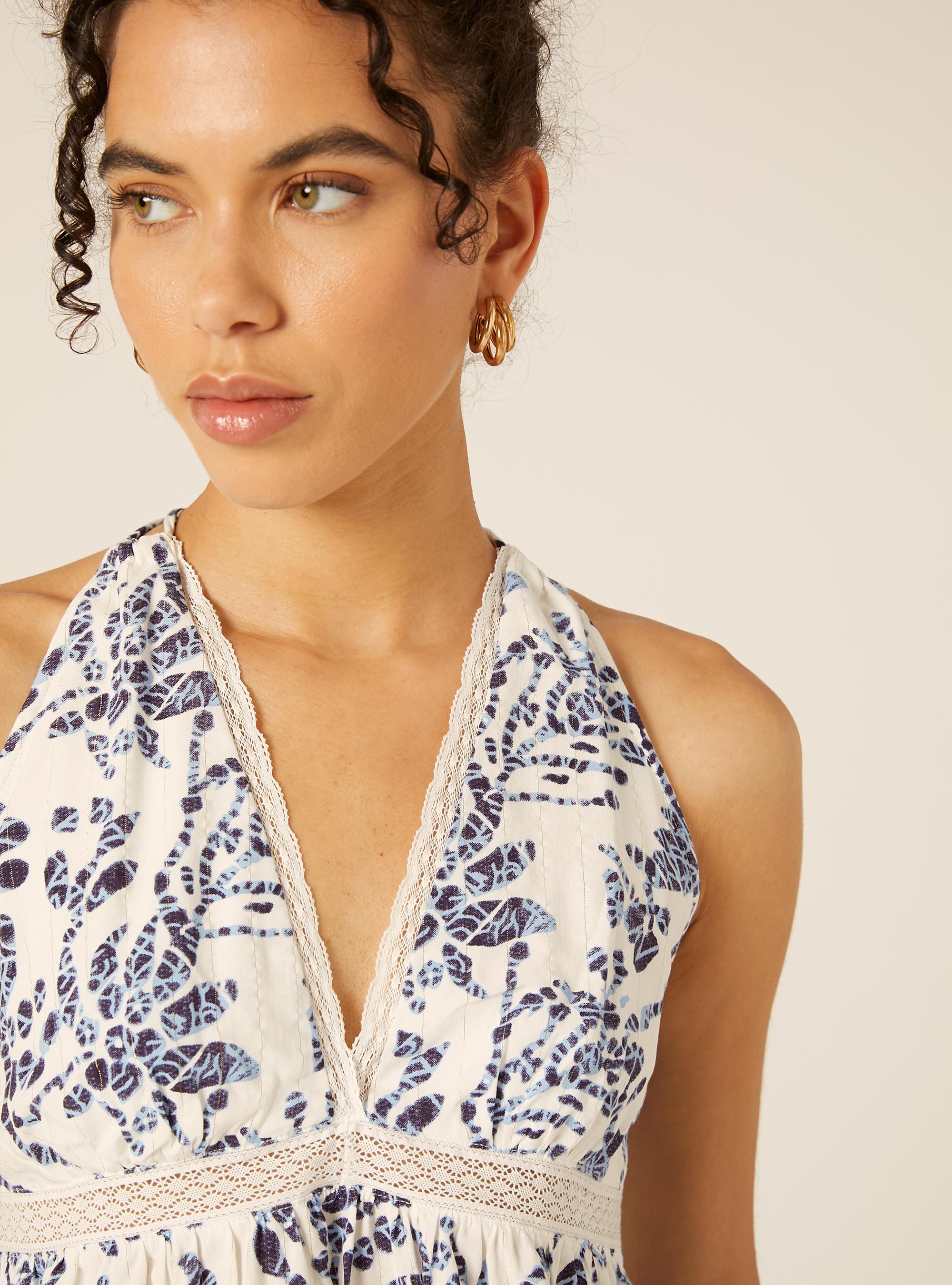 Top stampato con dettagli lurex, PANNA