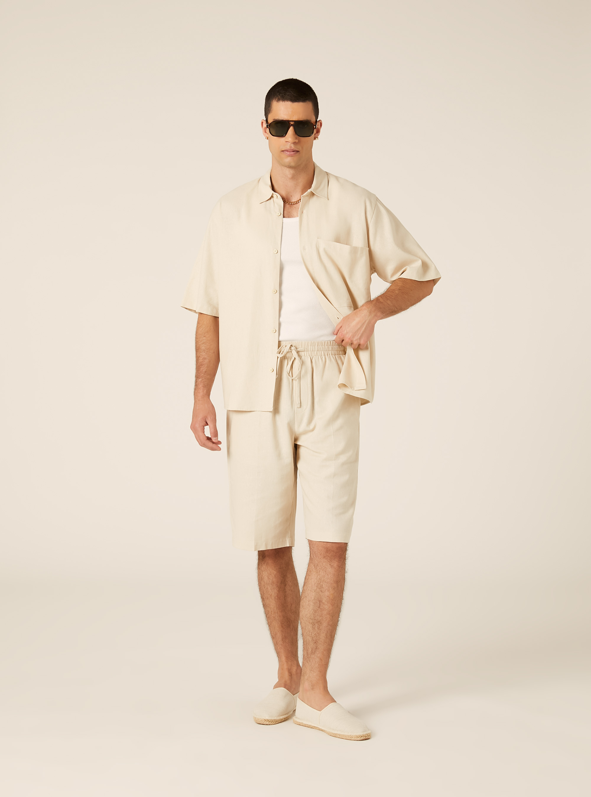 Camicia in misto lino con taschino, BEIGE MEDIO