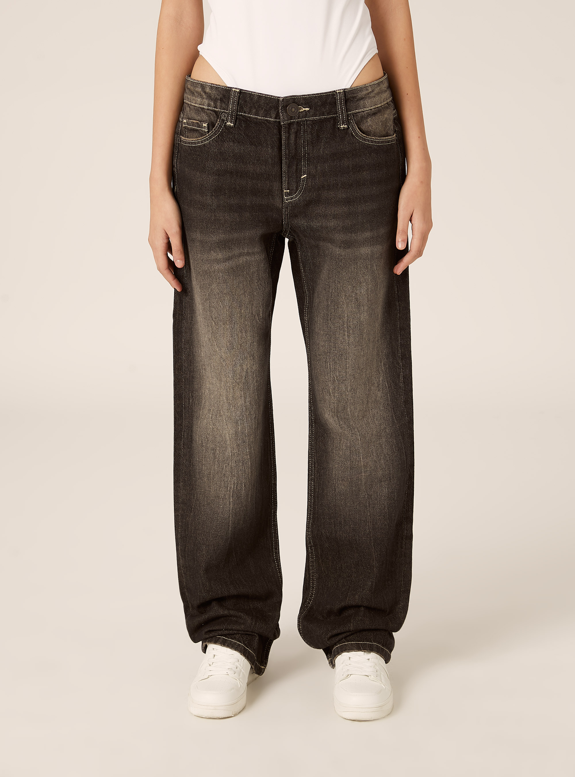 Jeans droit taille basse, D000 BLACK