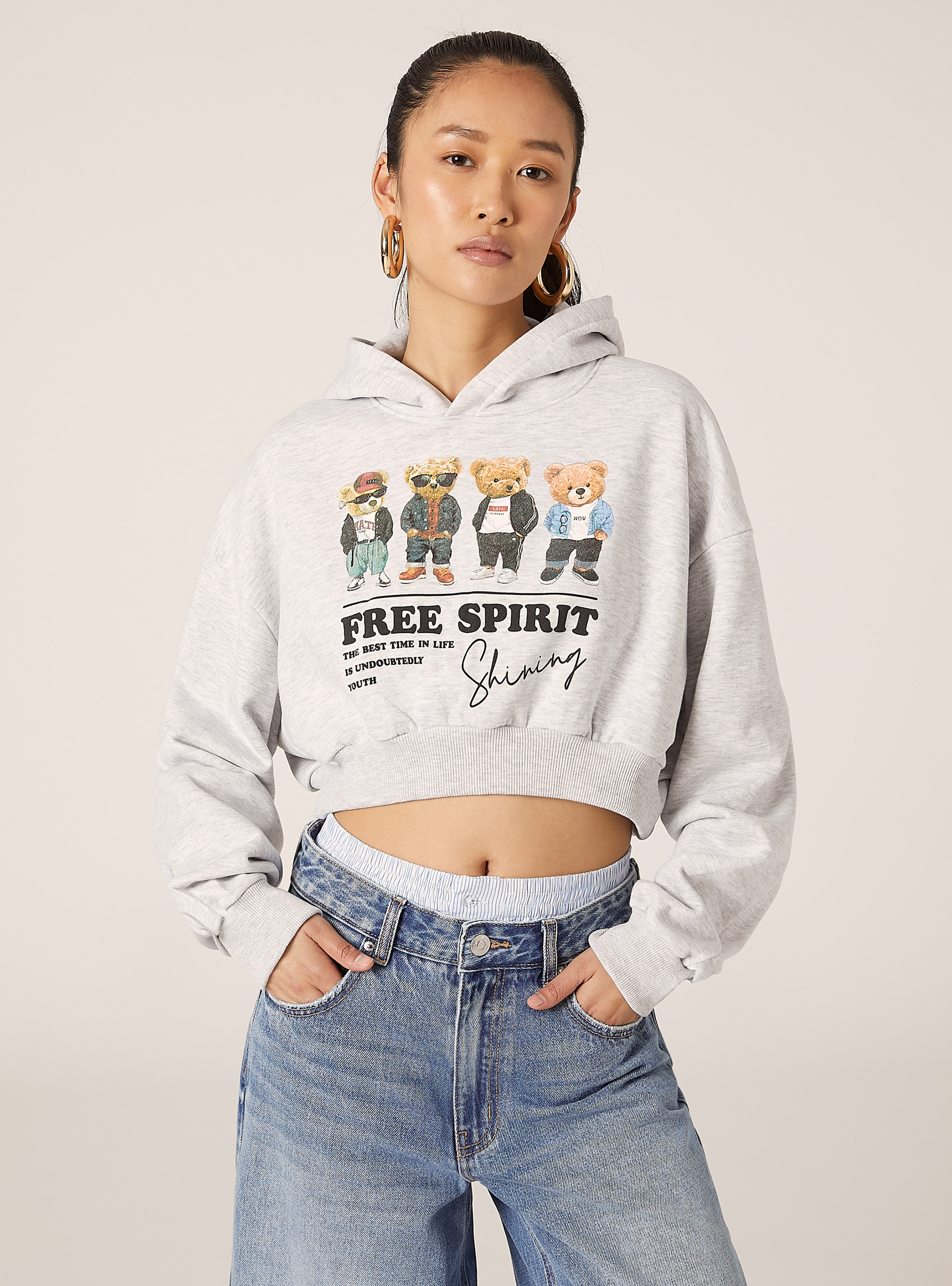 Sweatshirt coupe courte avec imprim&eacute; Teddy, MGY3 GREY MEL LIGHT