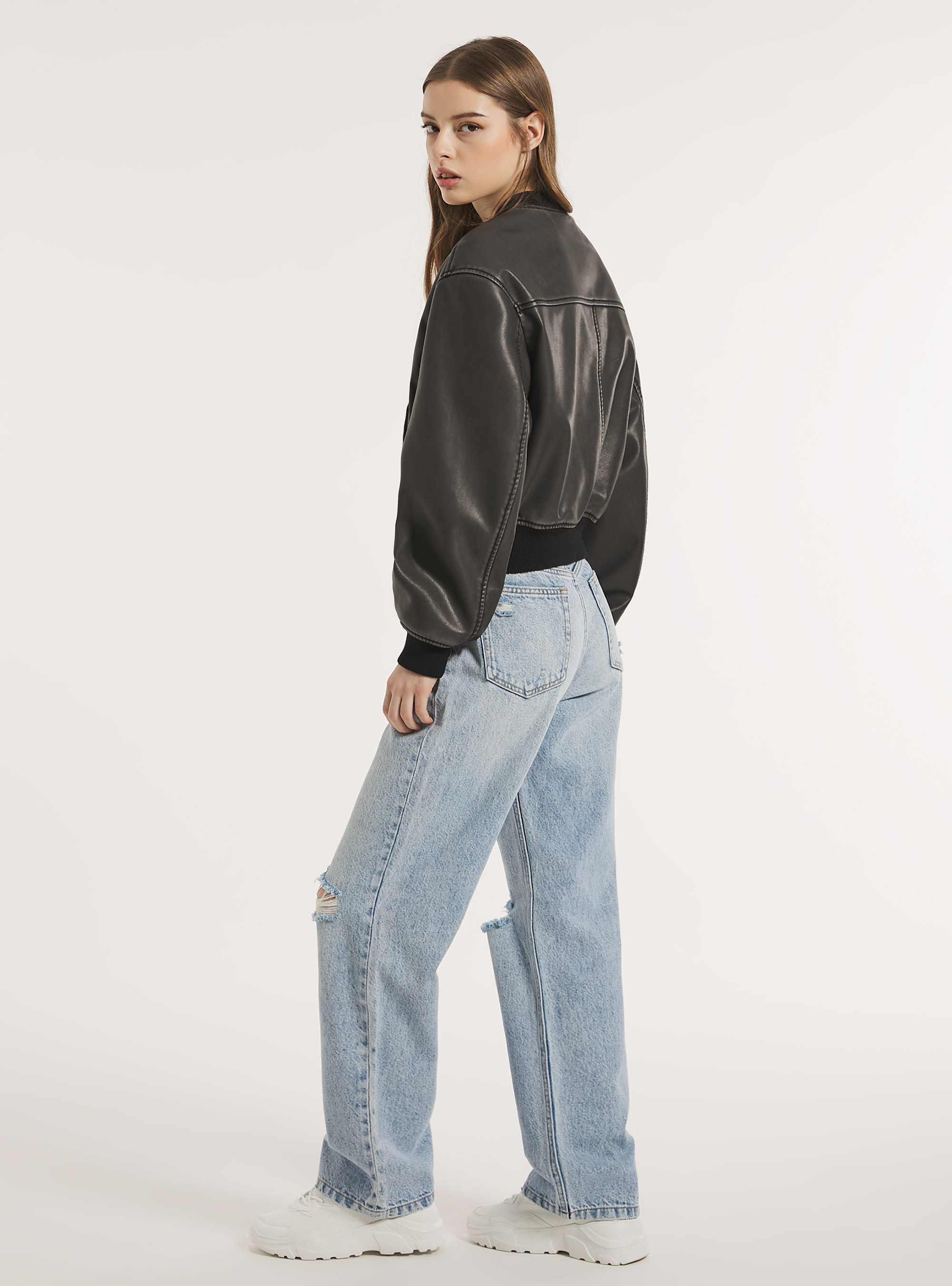 Blouson bombardier effet cuir port&eacute;, BK3 BLACK CHARCOAL
